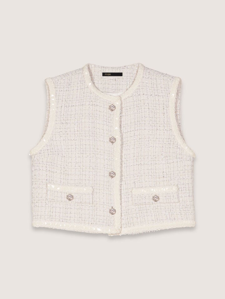 Maje Tweed Waistcoat In Ecru
