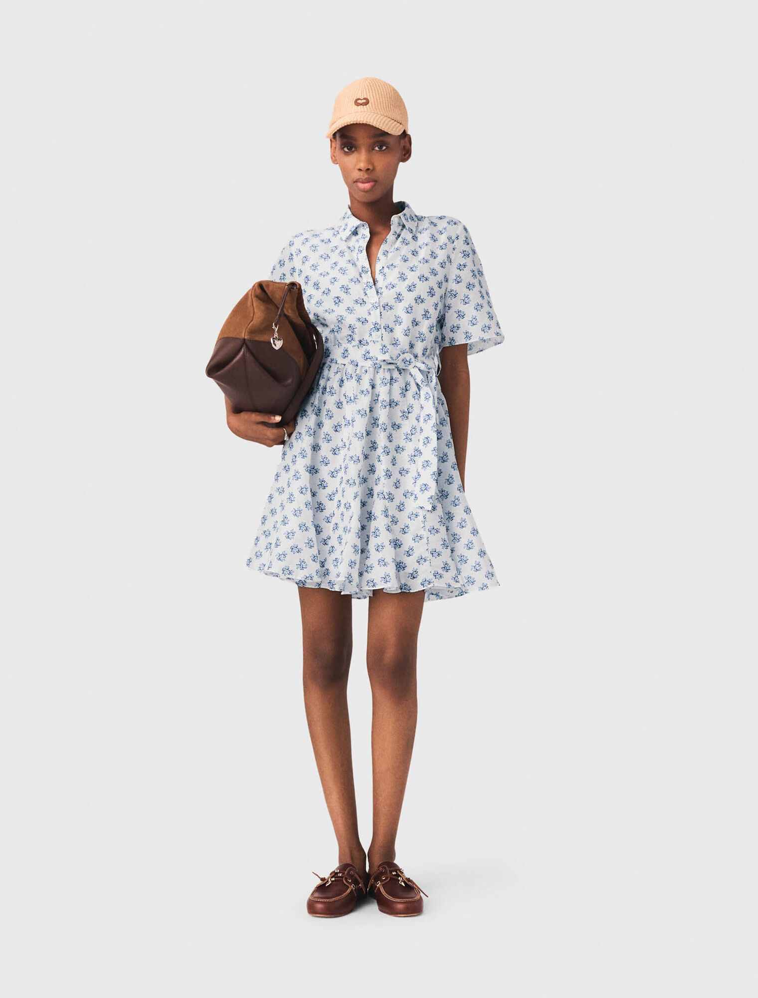 Short patterned linen-blend dress