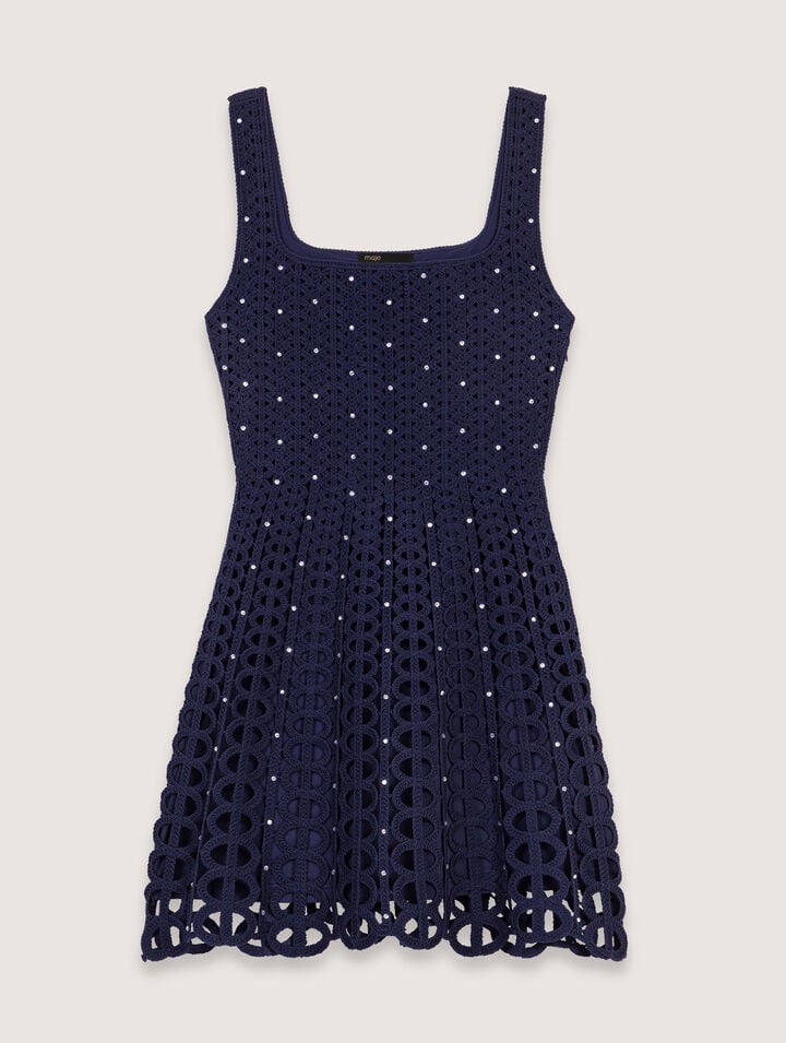 Maje Rhinestone Crochet Short Dress In Navy