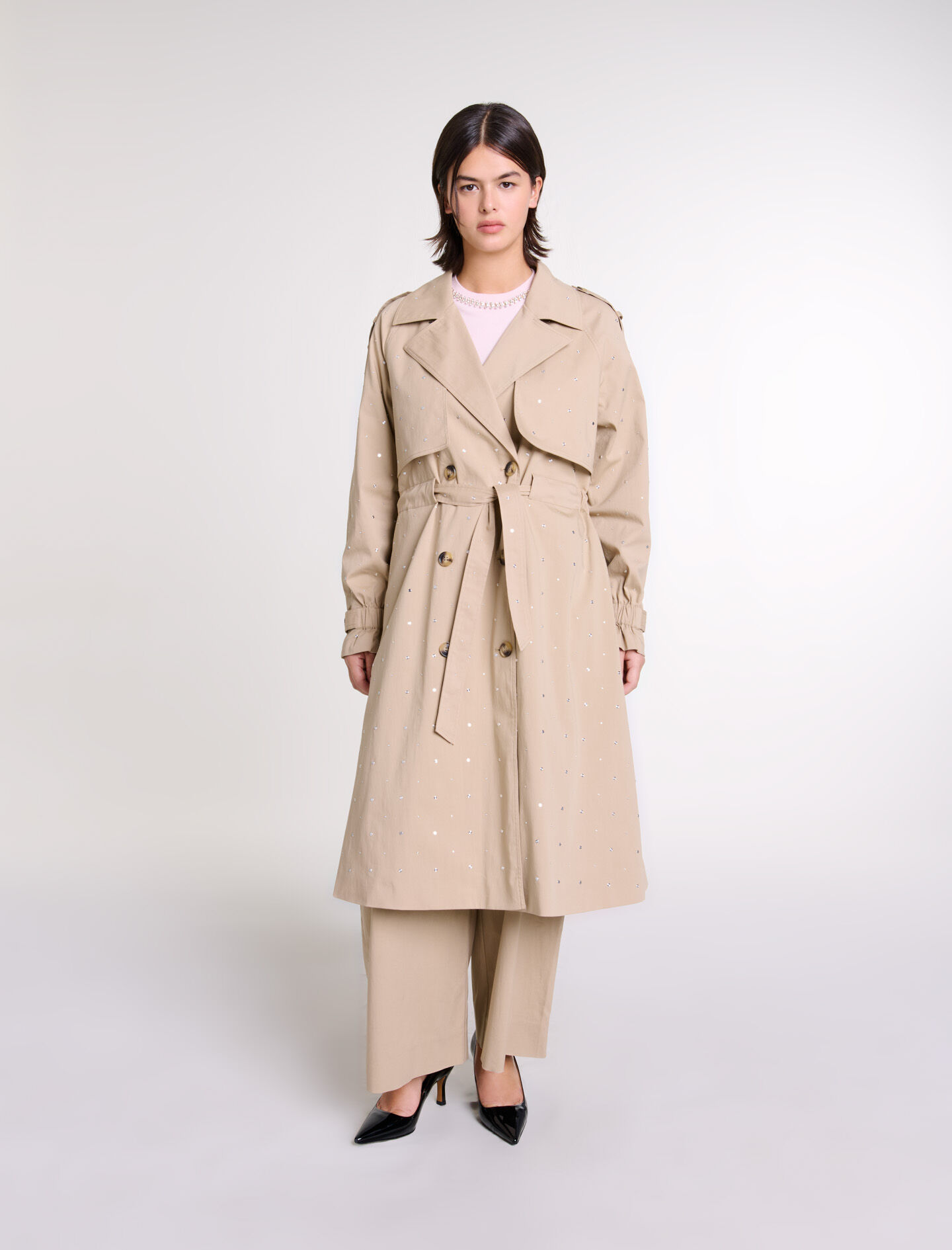 Studded elastic waist trench coat - Long coats | Maje