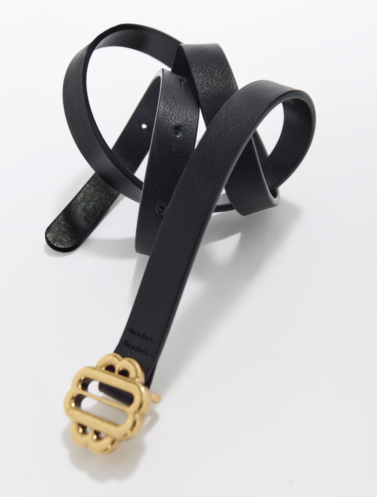 Narrow black leather belt gold buckle