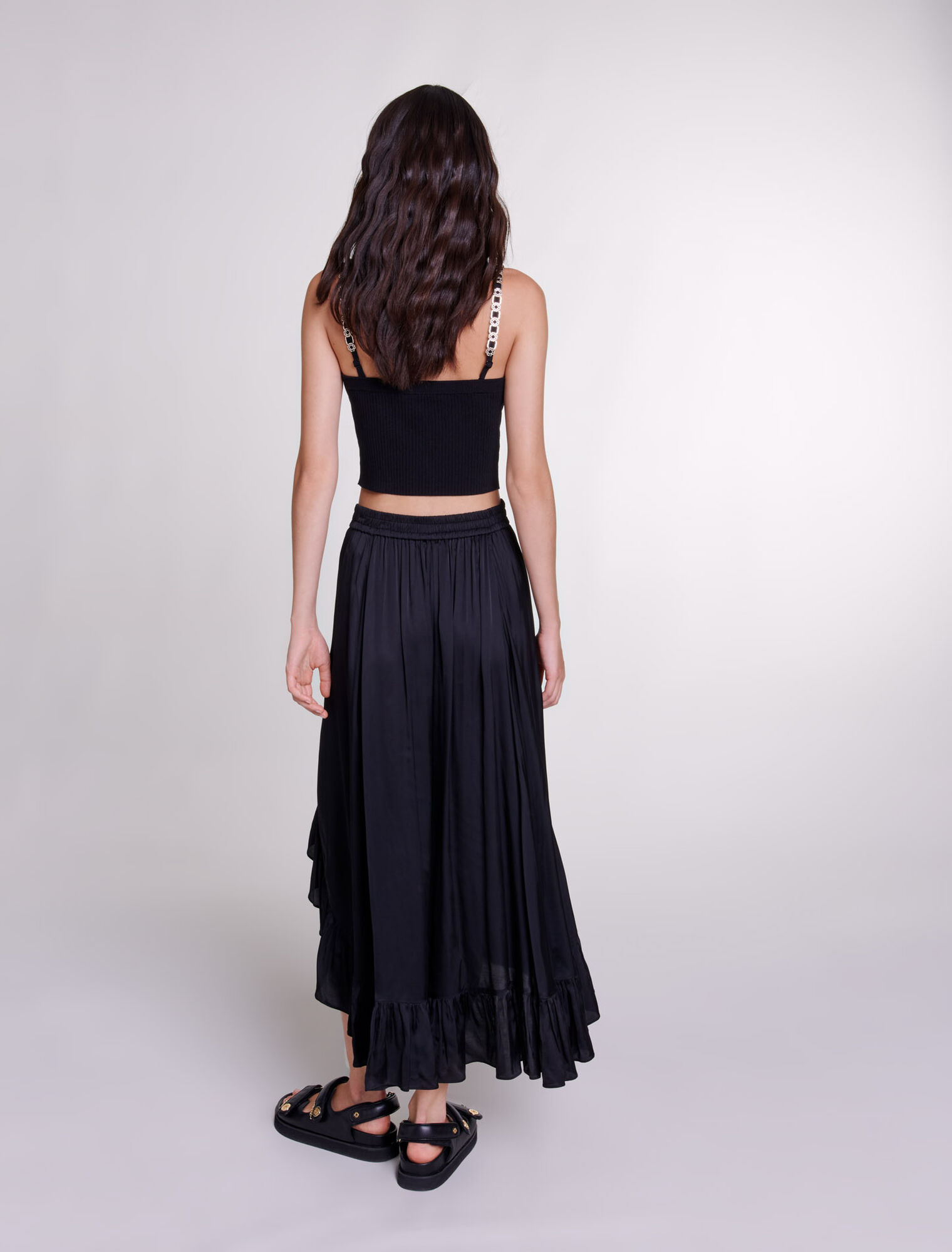 Long satin-effect ruffled skirt