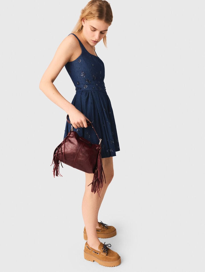 Flared embroidered denim dress