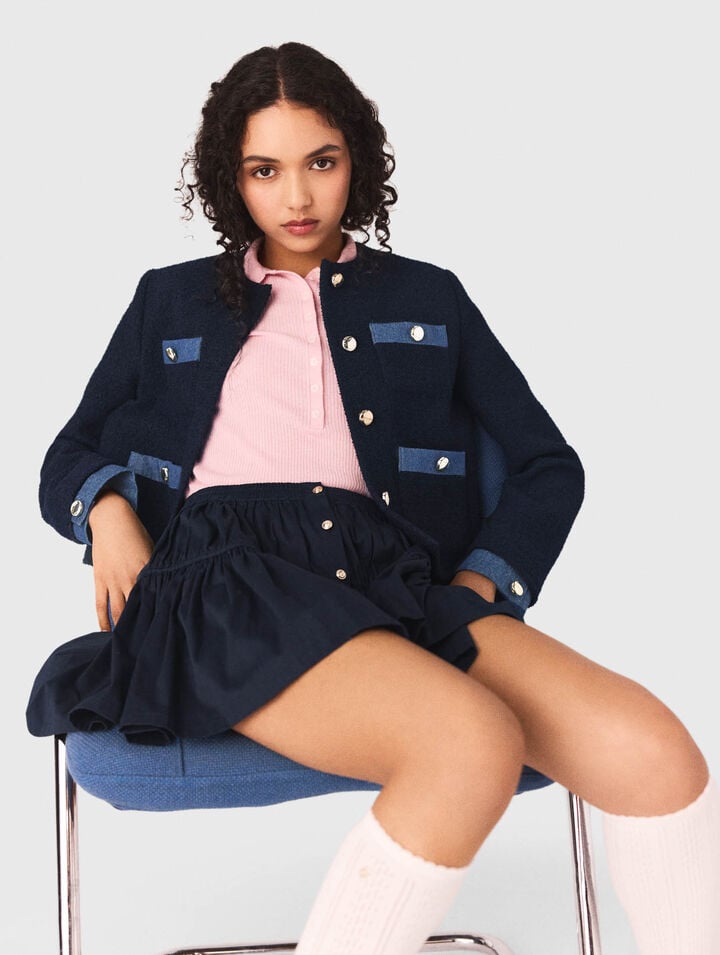 Tweed jacket with denim trim