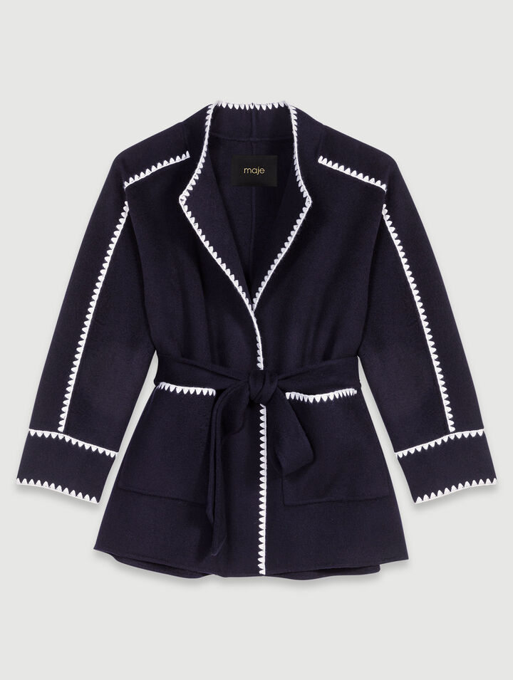 Maje Double-faced Coat In Navy/white