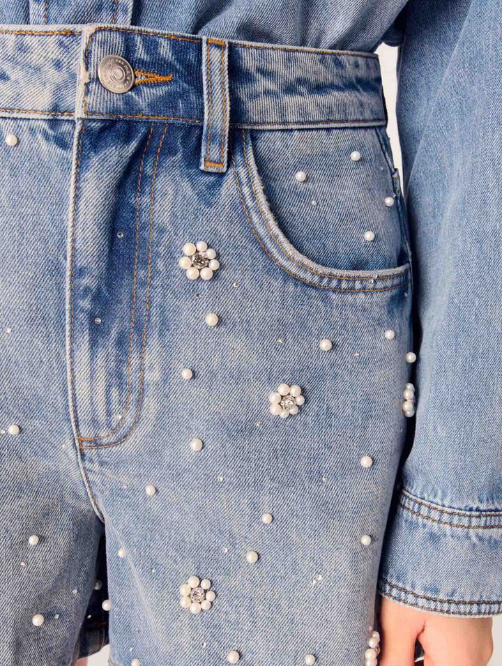 Denim shorts with embroidered beads