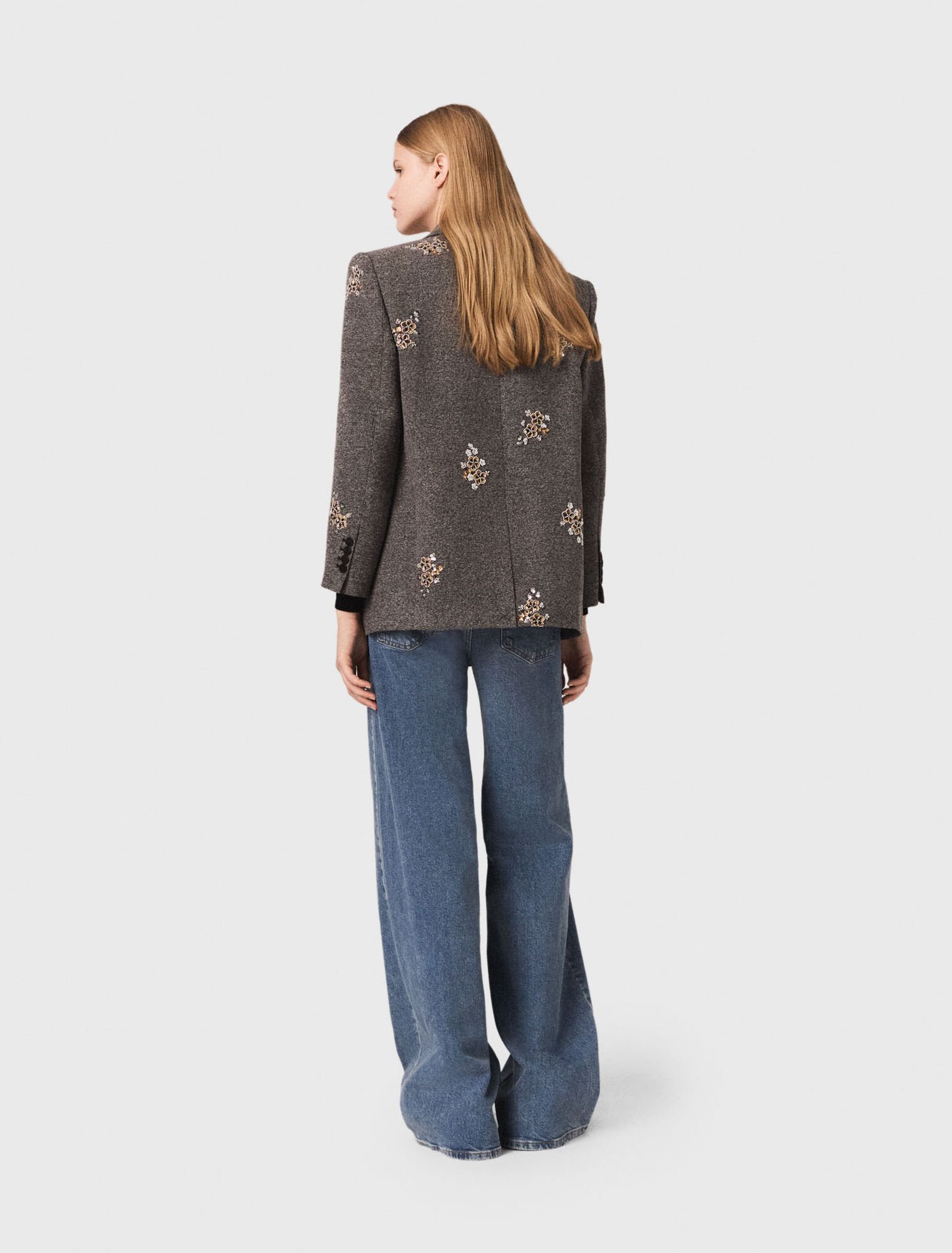 Flower-embroidered wool jacket
