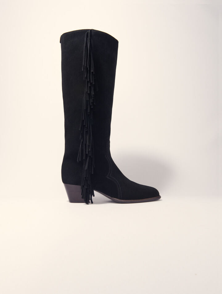 Maje Fringe-detailed Boots In Black