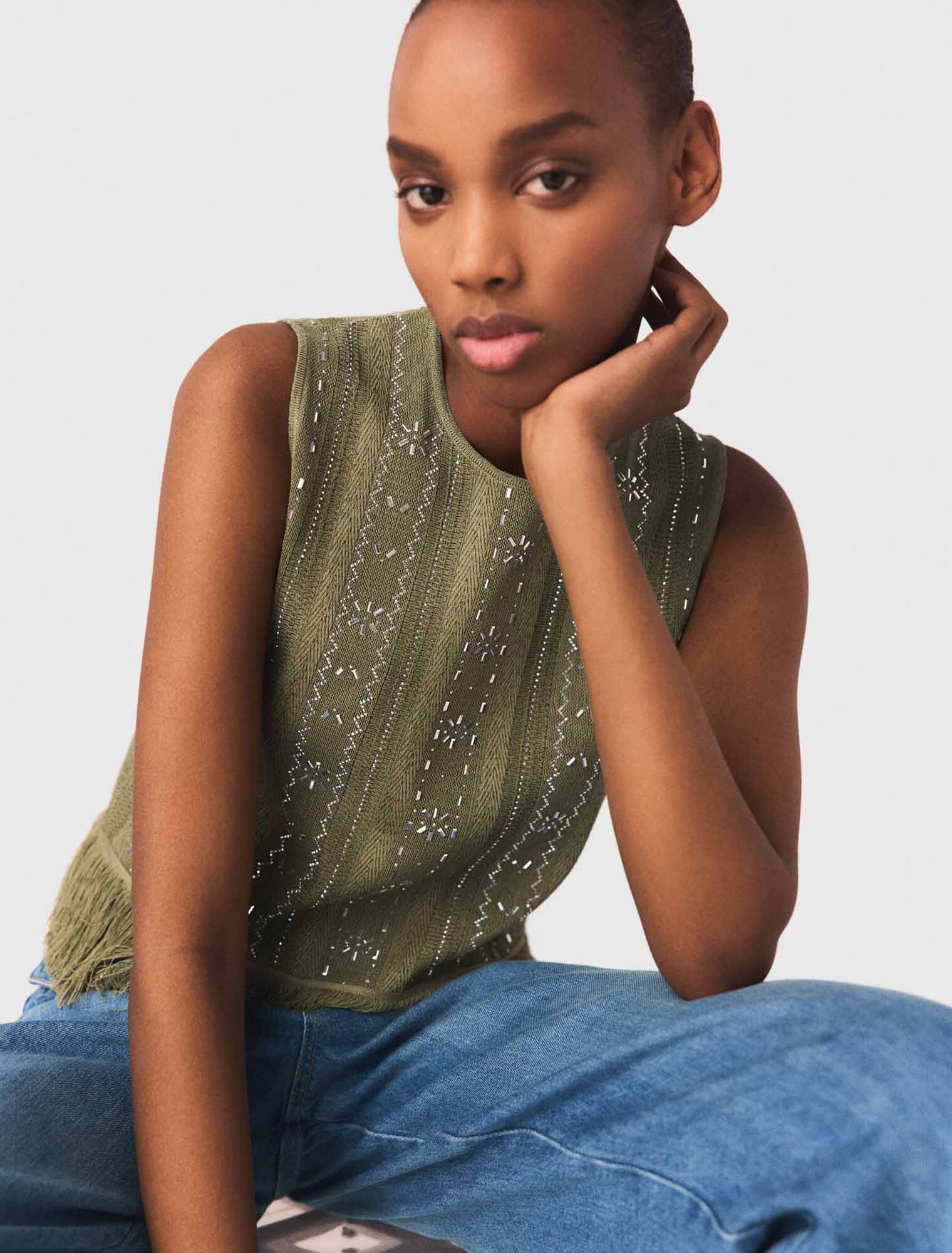 Fringed rhinestone flower top