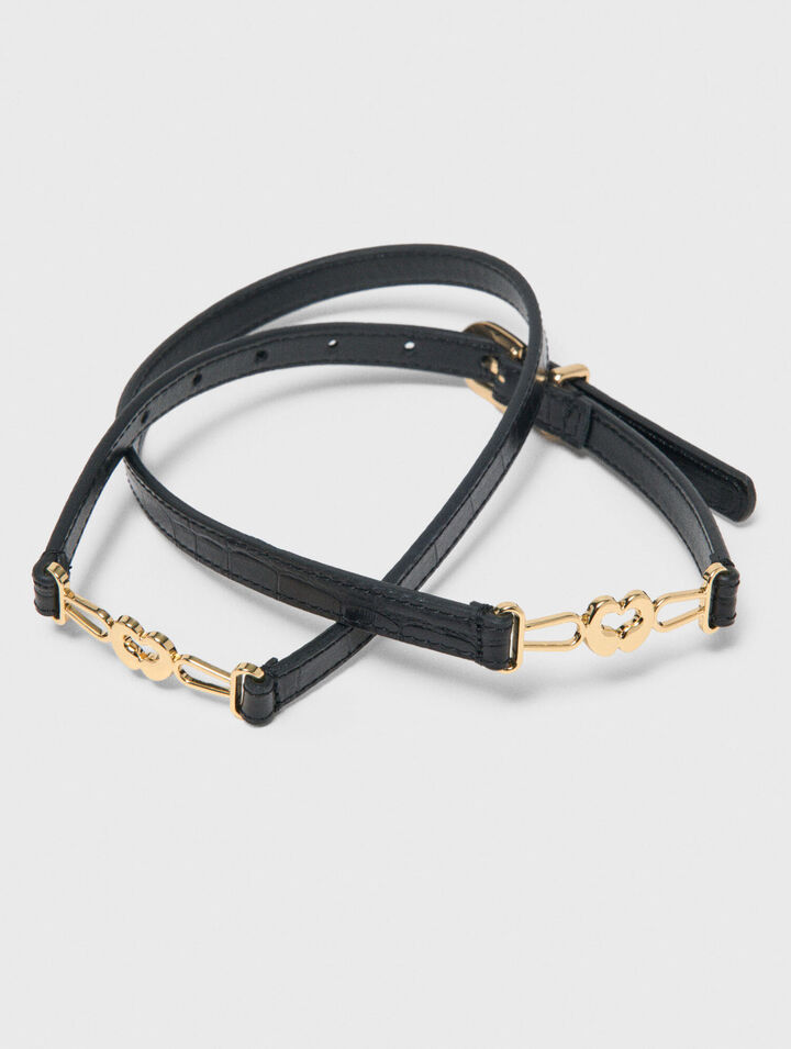 Slim croc-effect leather belt