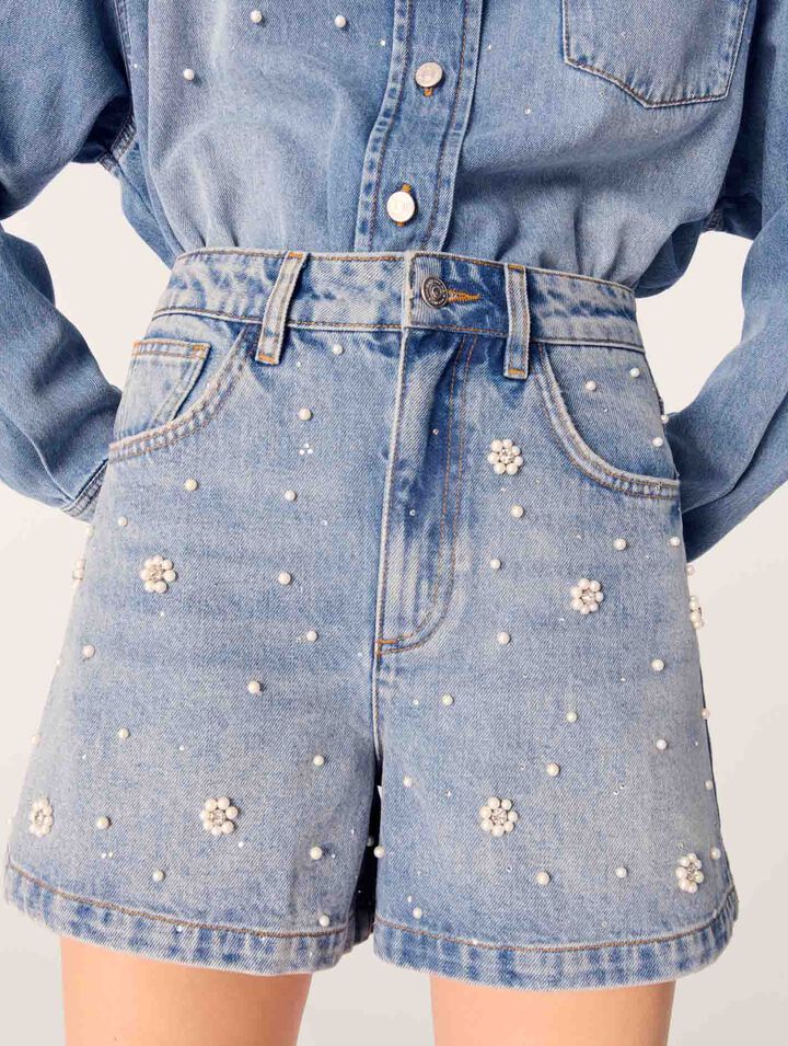 Denim shorts with embroidered beads