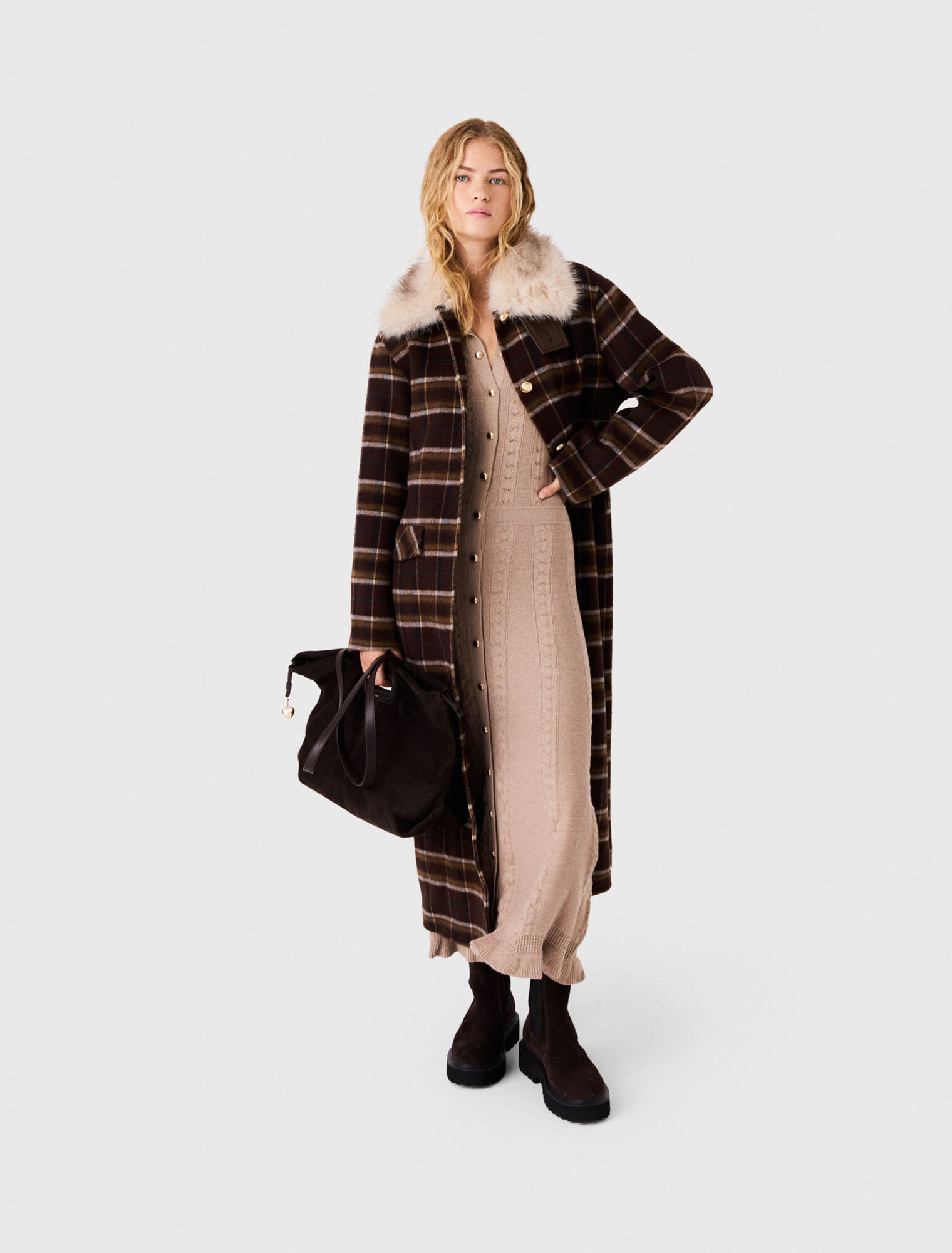 Long coat with faux fur collar