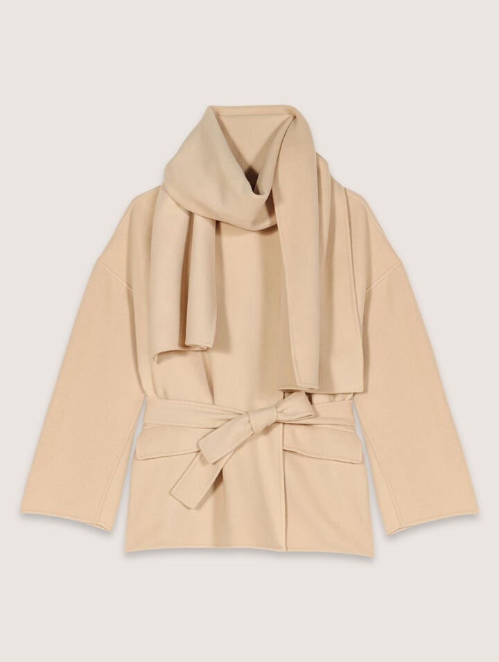 Maje Double-faced Coat With Scarf In Beige