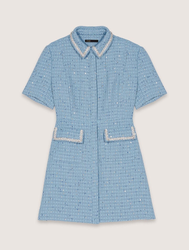 Maje Sequin Tweed Short Dress In Blue