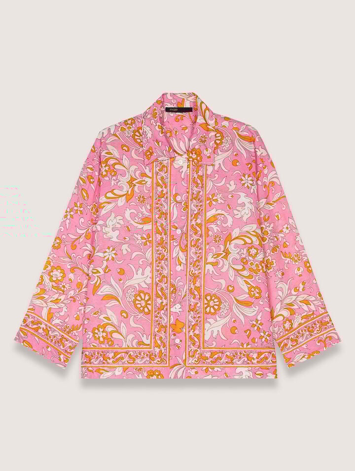 Maje Patterned Flowing Linen Shirt In Orange Pink Flowers Print