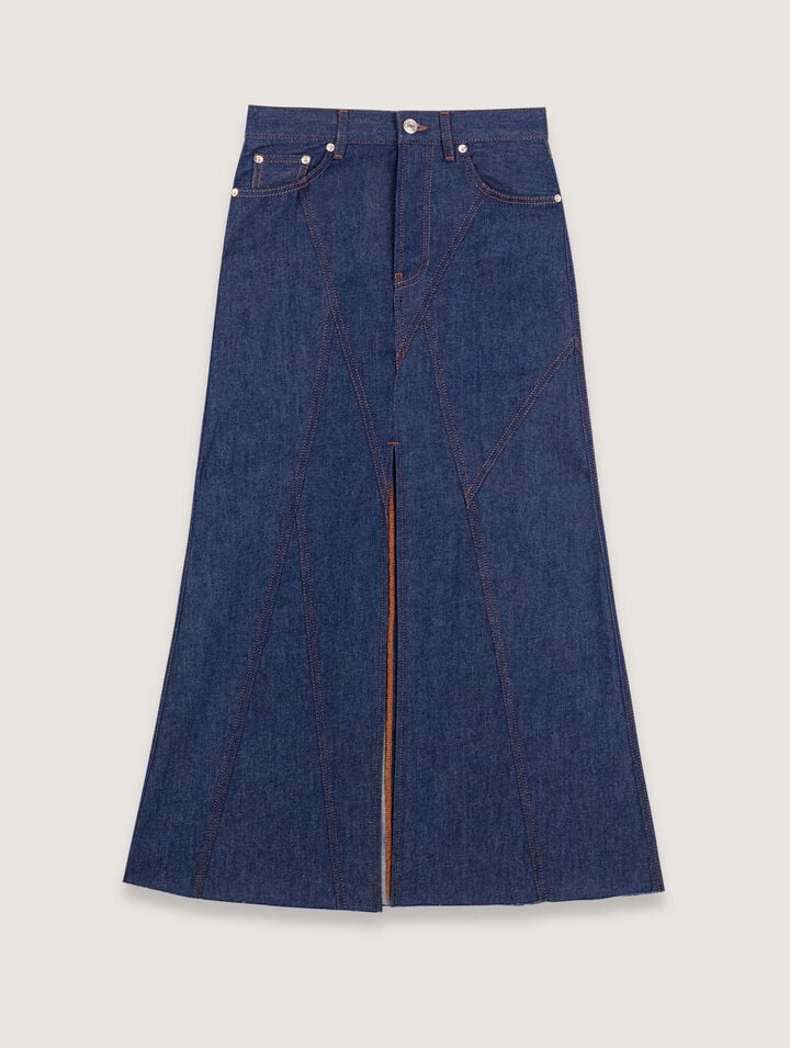 Maje Long Denim Skirt In Navy