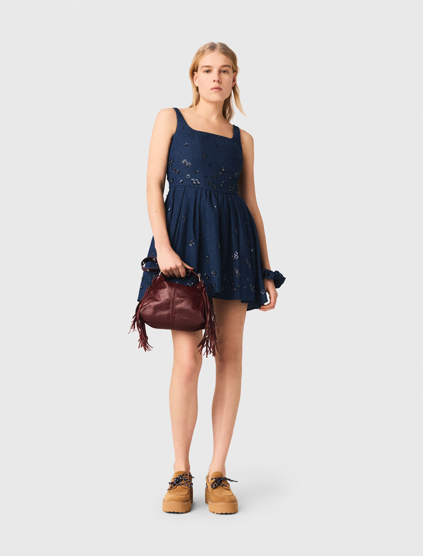 Flared Embroidered Denim Dress - Navy - Size 6 - Maje