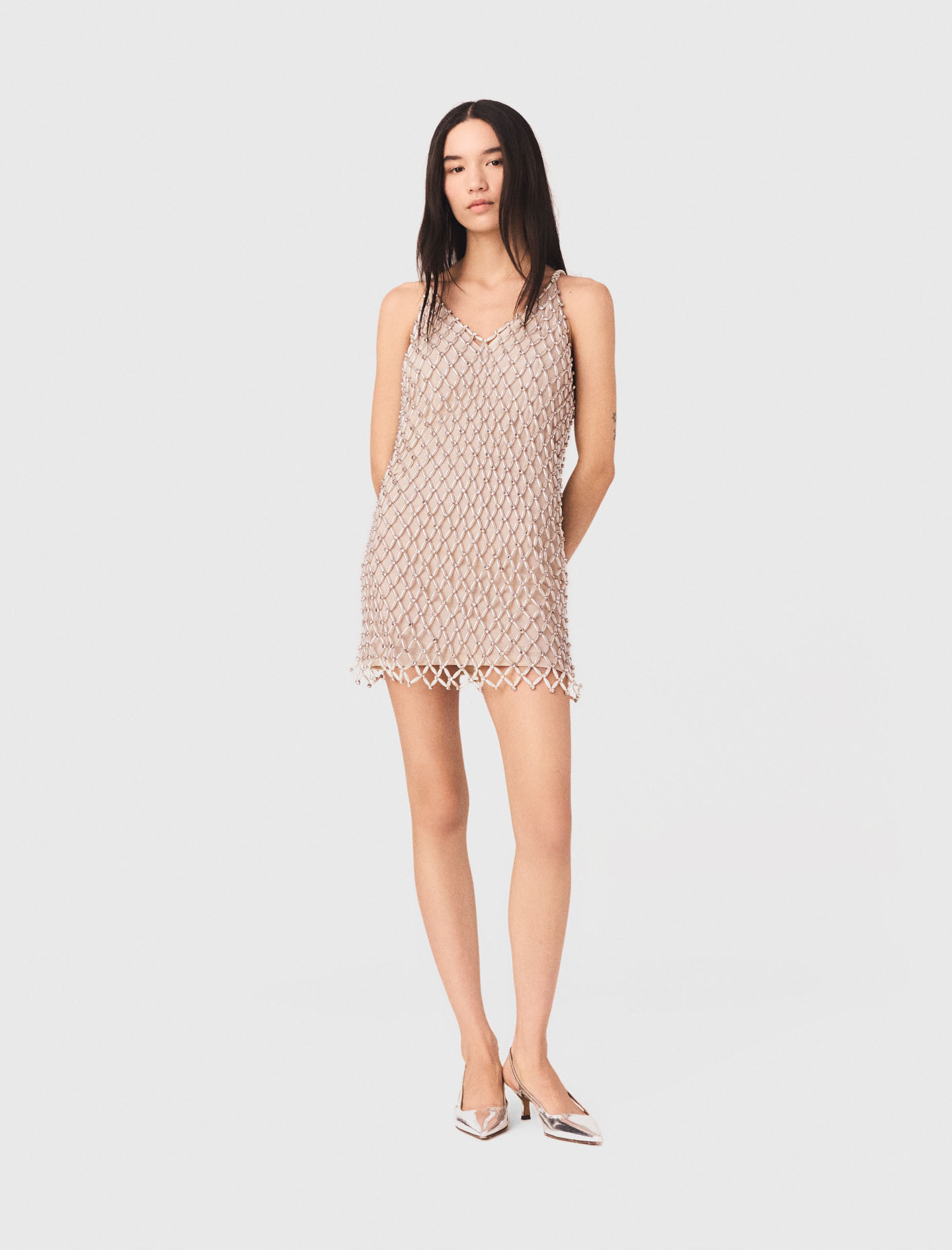 Short Beaded Dress With Lining - Off White - Size 12 - Maje