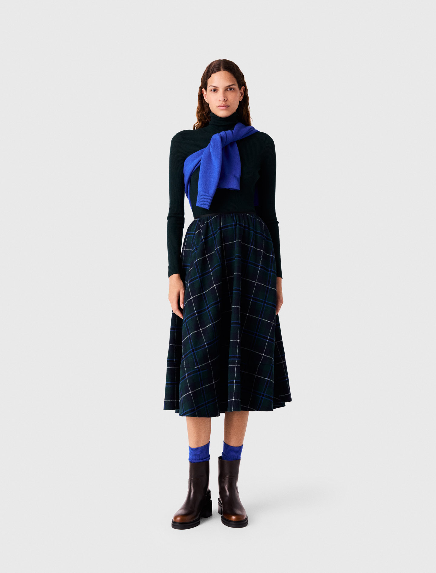 Long Checked Skirt - Bottle Green - Size 12 - Maje