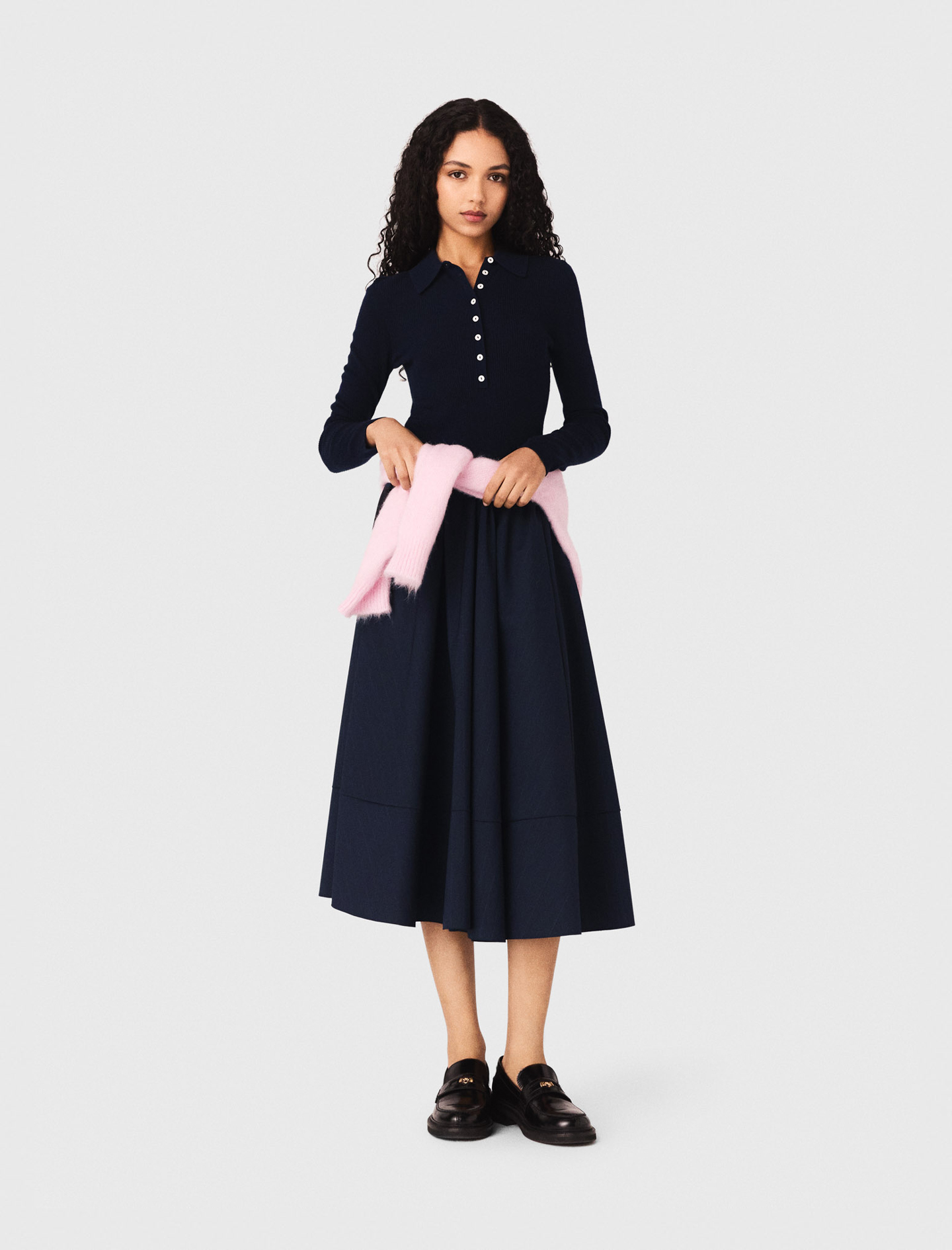 Polo Collar Ribbed Jumper - Navy - Size 8 - Maje