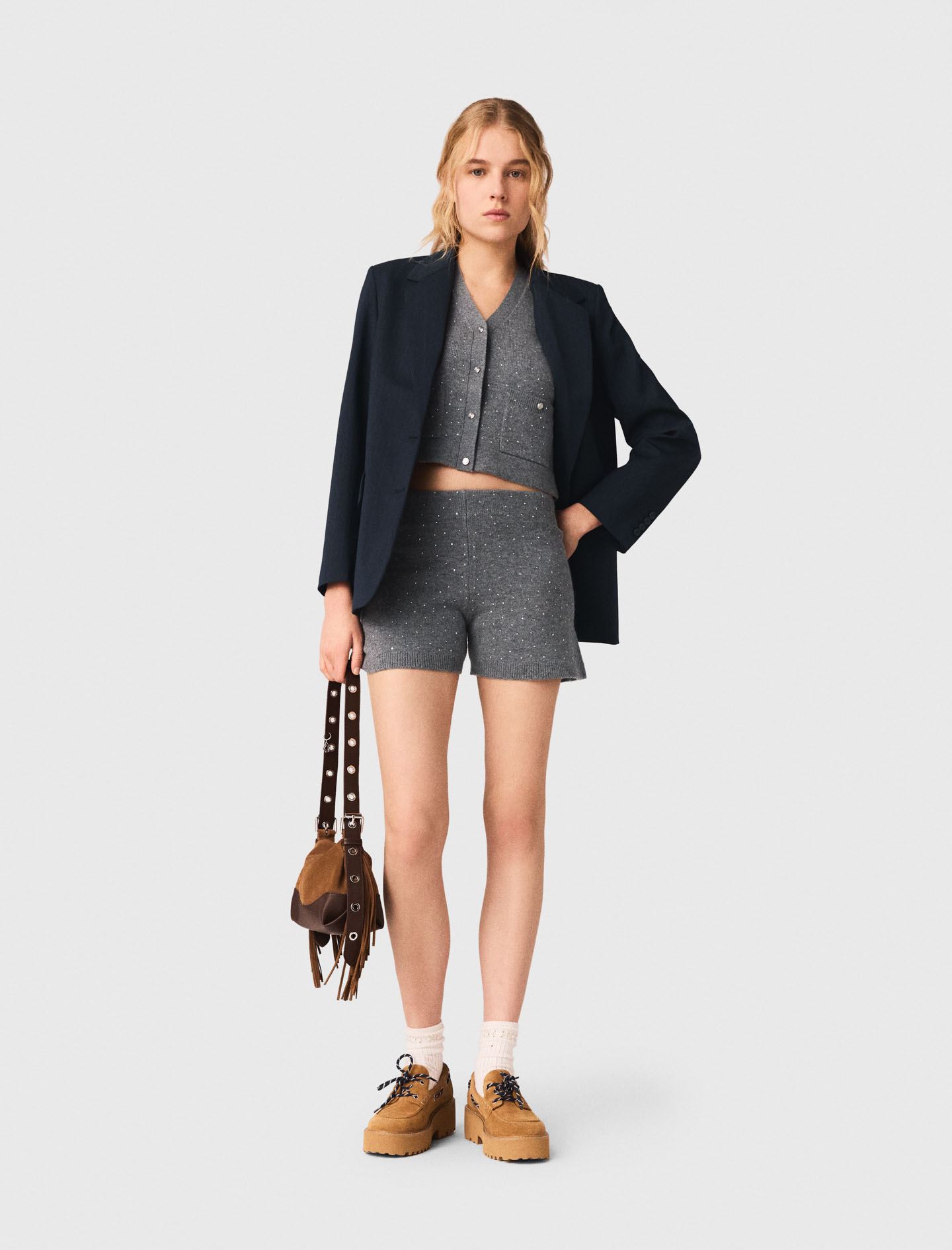 Knit Shorts With Rhinestones - Grey - Size 8 - Maje
