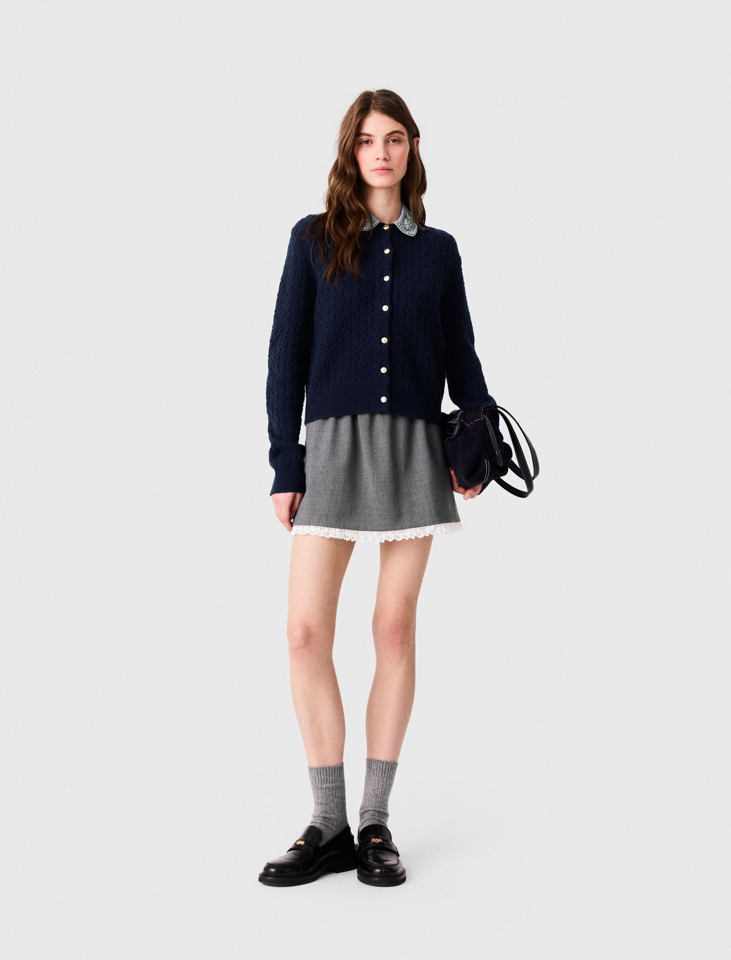 Cardigan With Poplin Collar - Navy - Size 12 - Maje