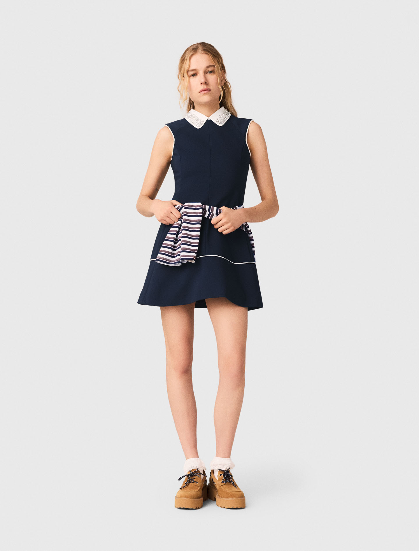 Flared Dress With Contrast Trim - Navy - Size 14 - Maje