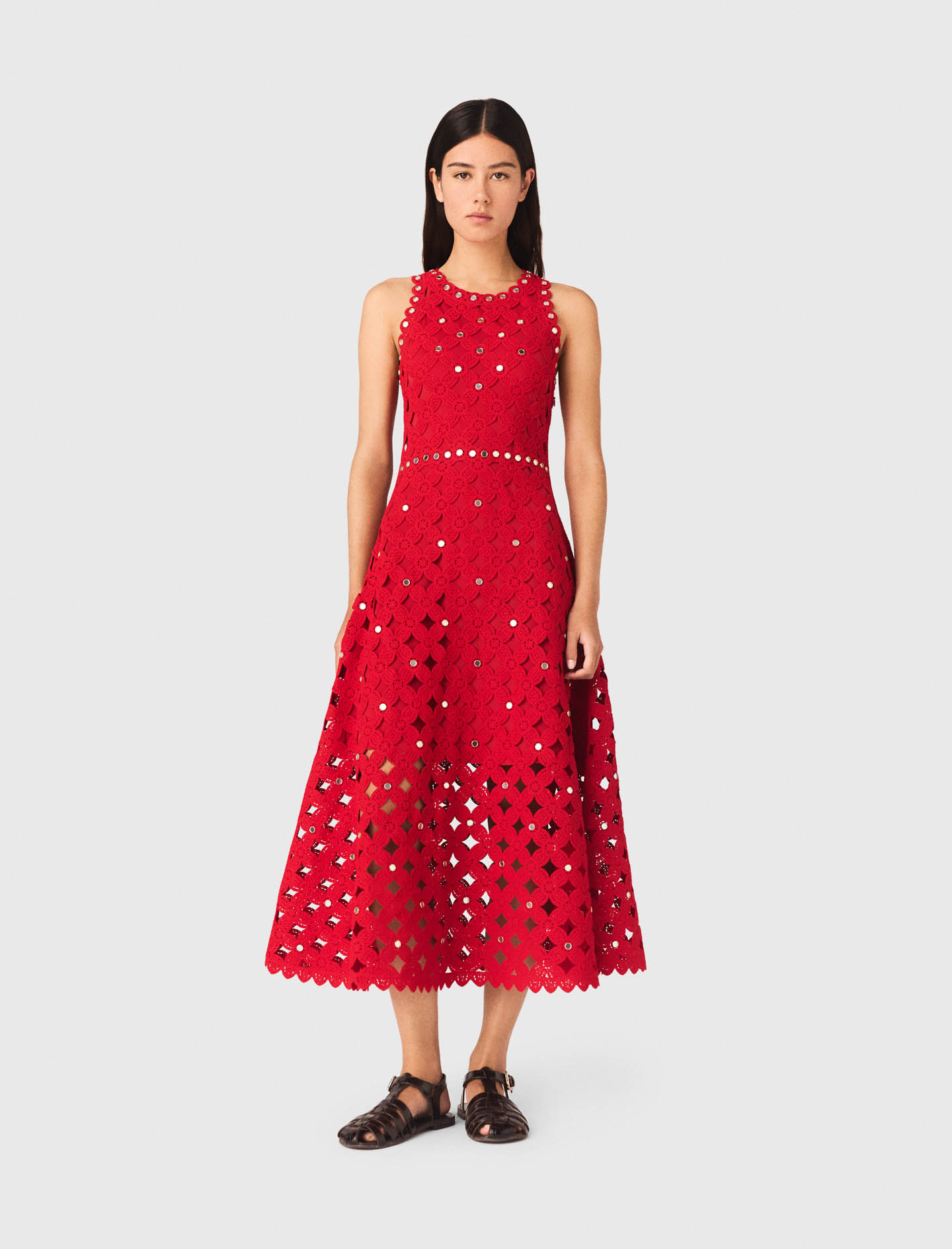 Mirrored Crochet Dress - Red - Size 14 - Maje