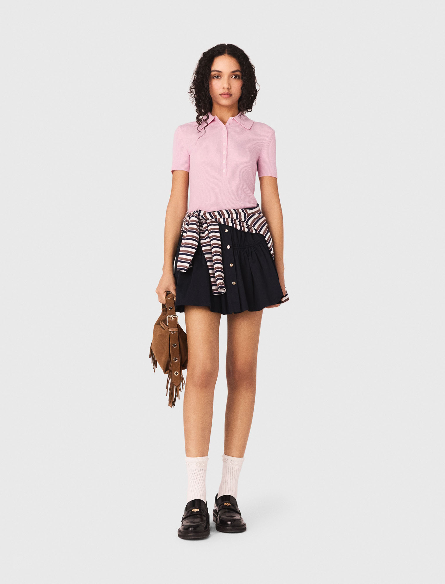 Polo Collar Ribbed Jumper - Pink - Size 10 - Maje