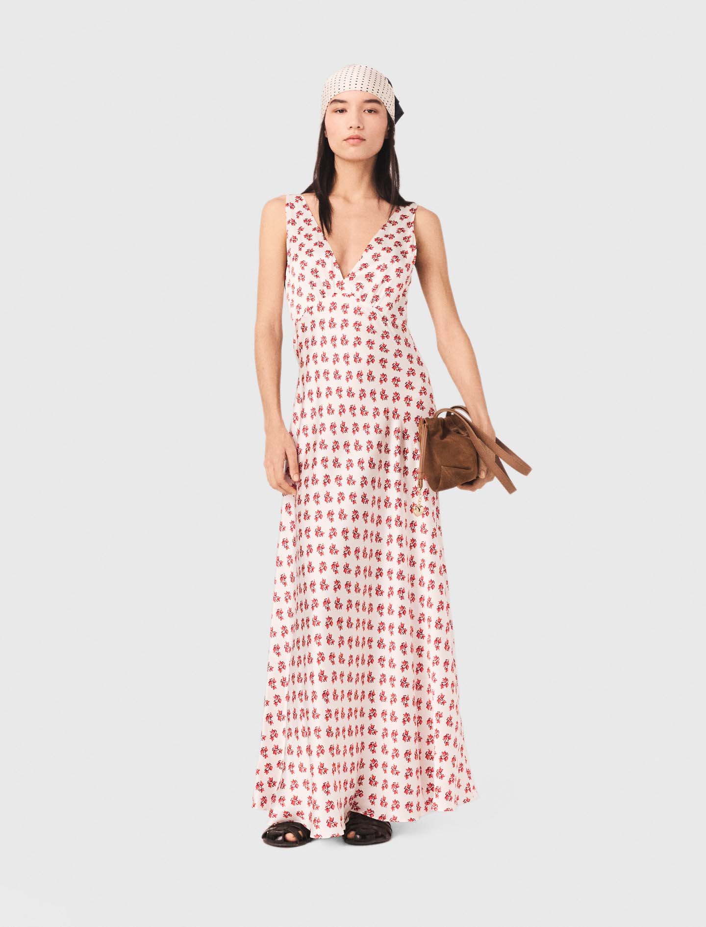 Patterned Silk Dress - Red Small Flowers Print - Size 8 - Maje