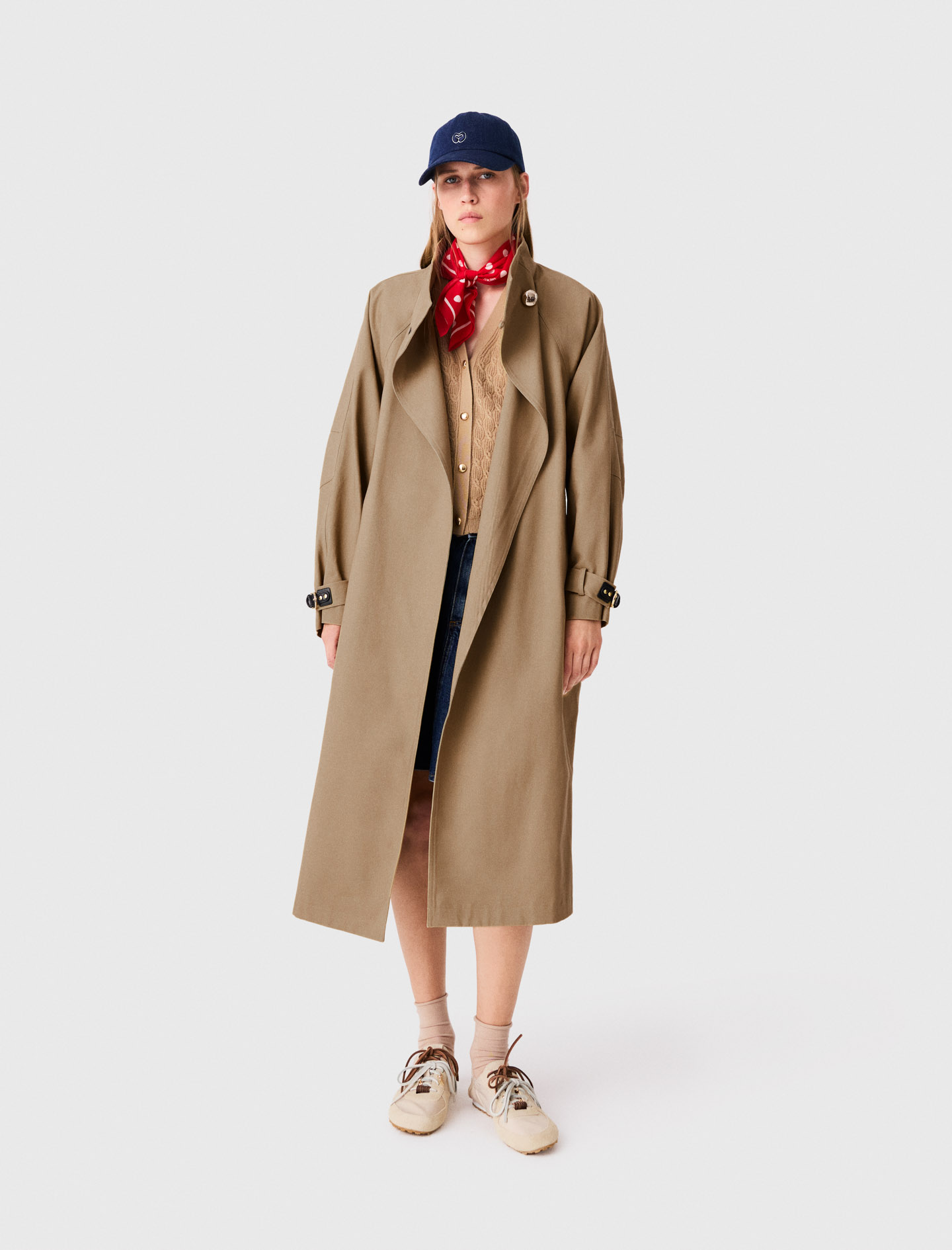 Long Belted Trench, Gold Buttons - Size 10 - Maje