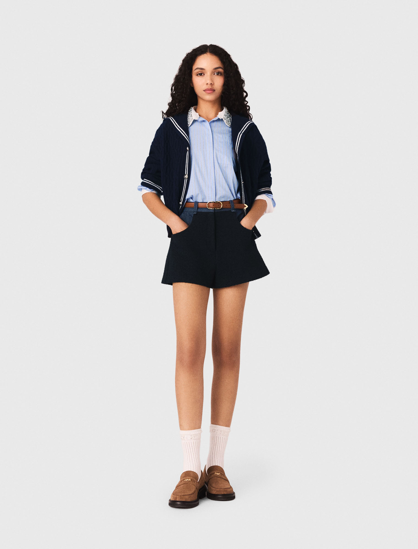 Tweed Shorts With Denim Details - Navy - Size 6 - Maje