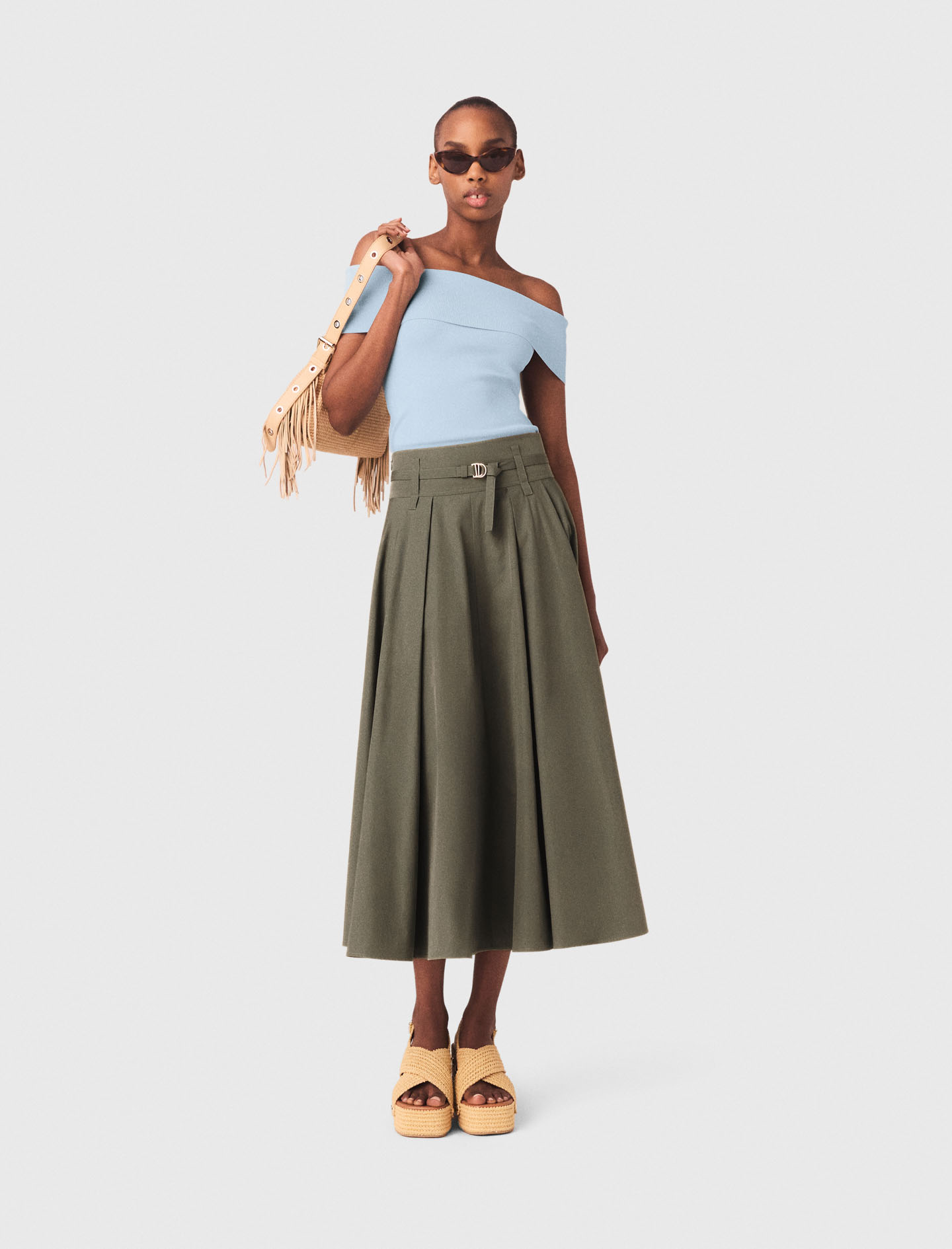 Cotton Pleated Maxi Skirt - Khaki - Size 10 - Maje