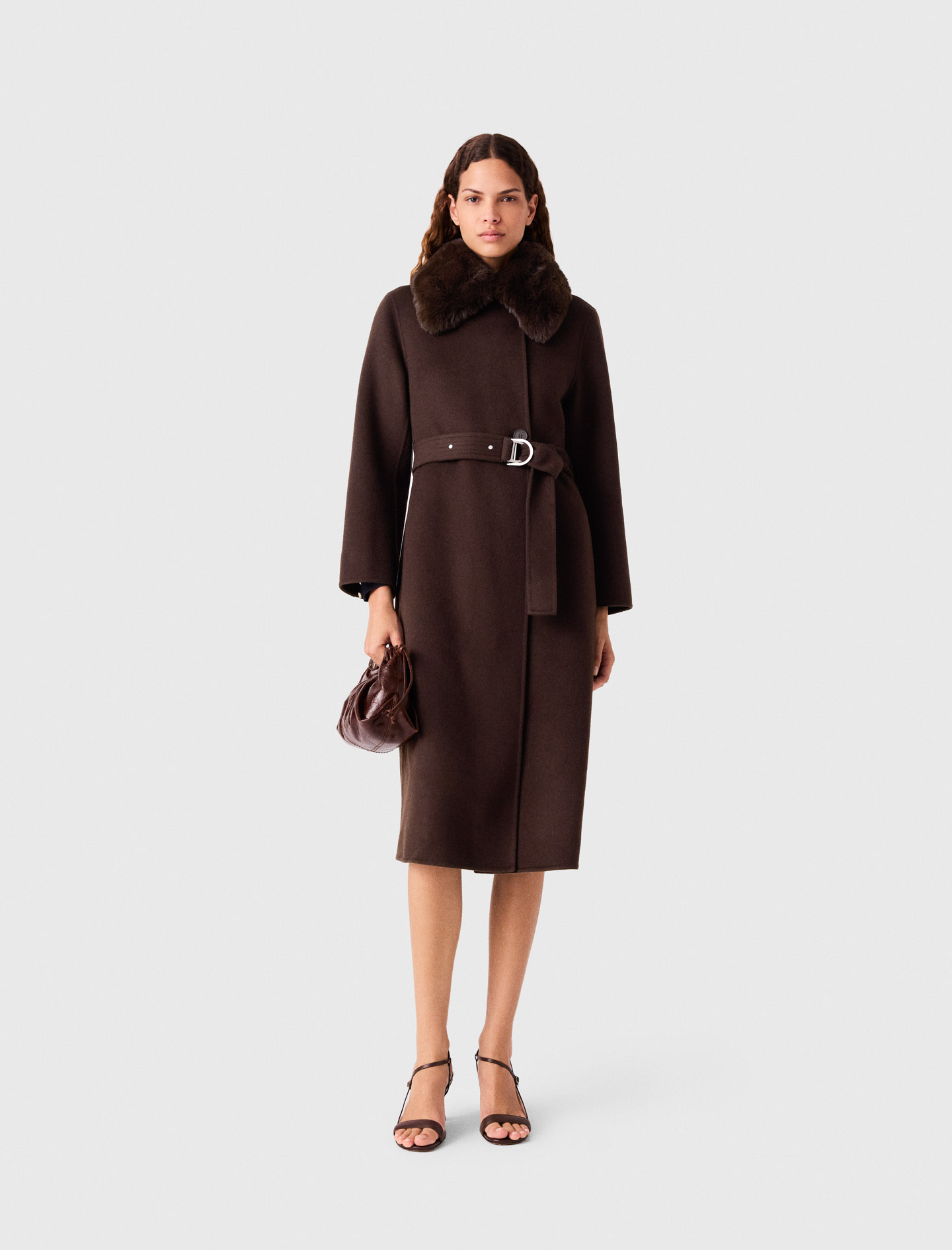 Long Coat With Faux Fur Collar - Brown - Size 10 - Maje
