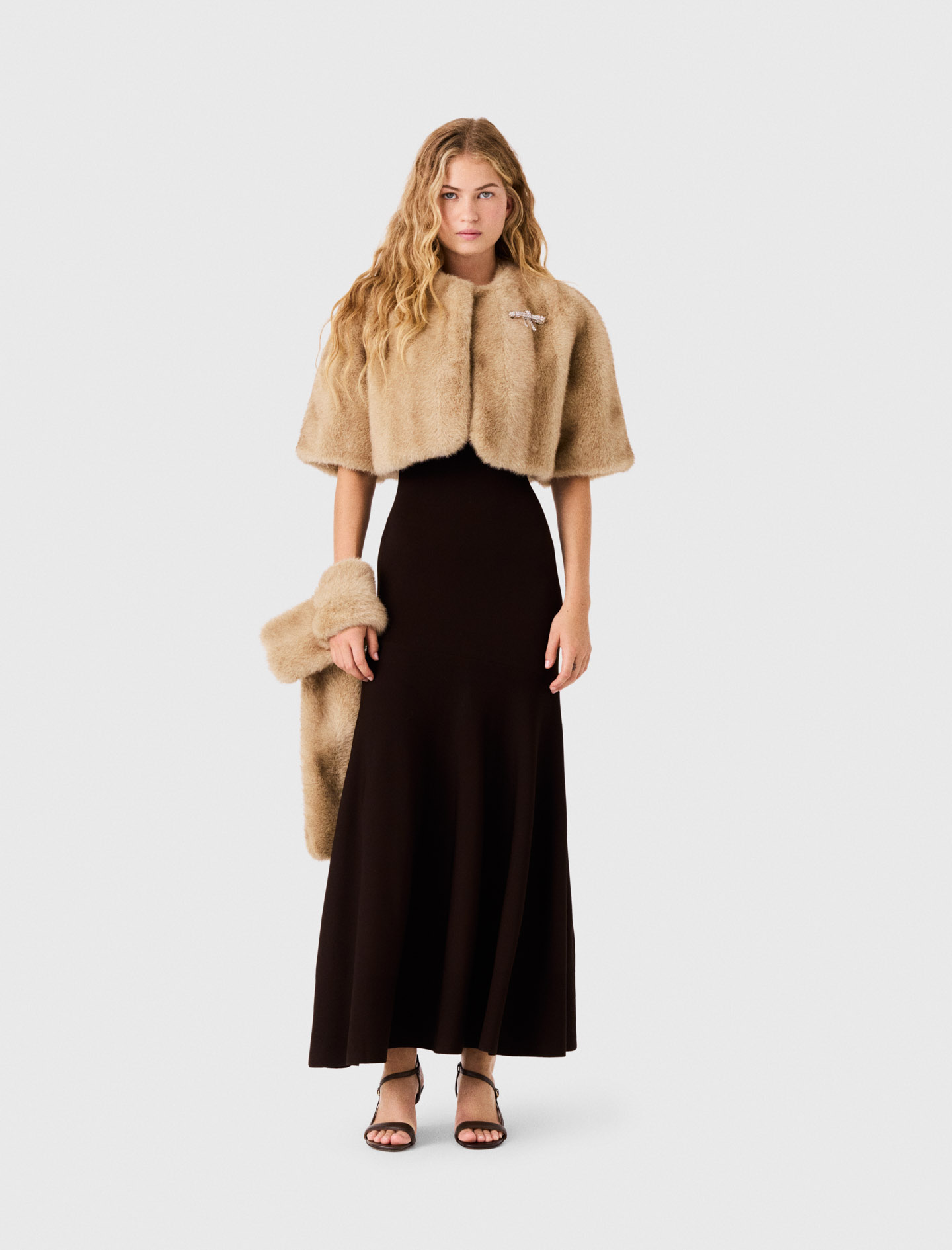 Short Faux Fur Jacket - Beige - Size 8 - Maje