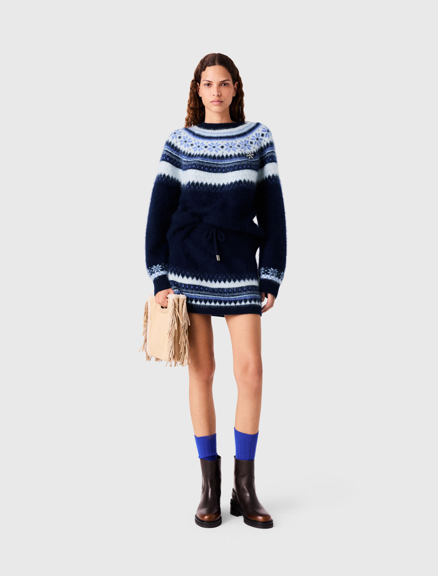 Short Jacquard Knit Skirt - Navy - Size 10 - Maje