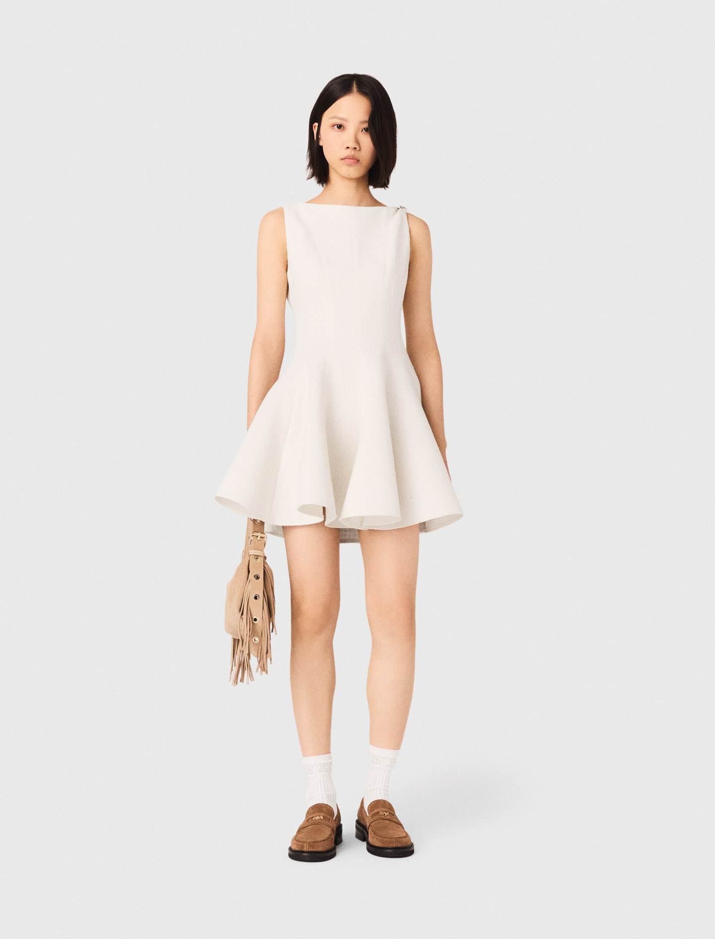 Short Flared Tweed Dress - Off White - Size 8 - Maje