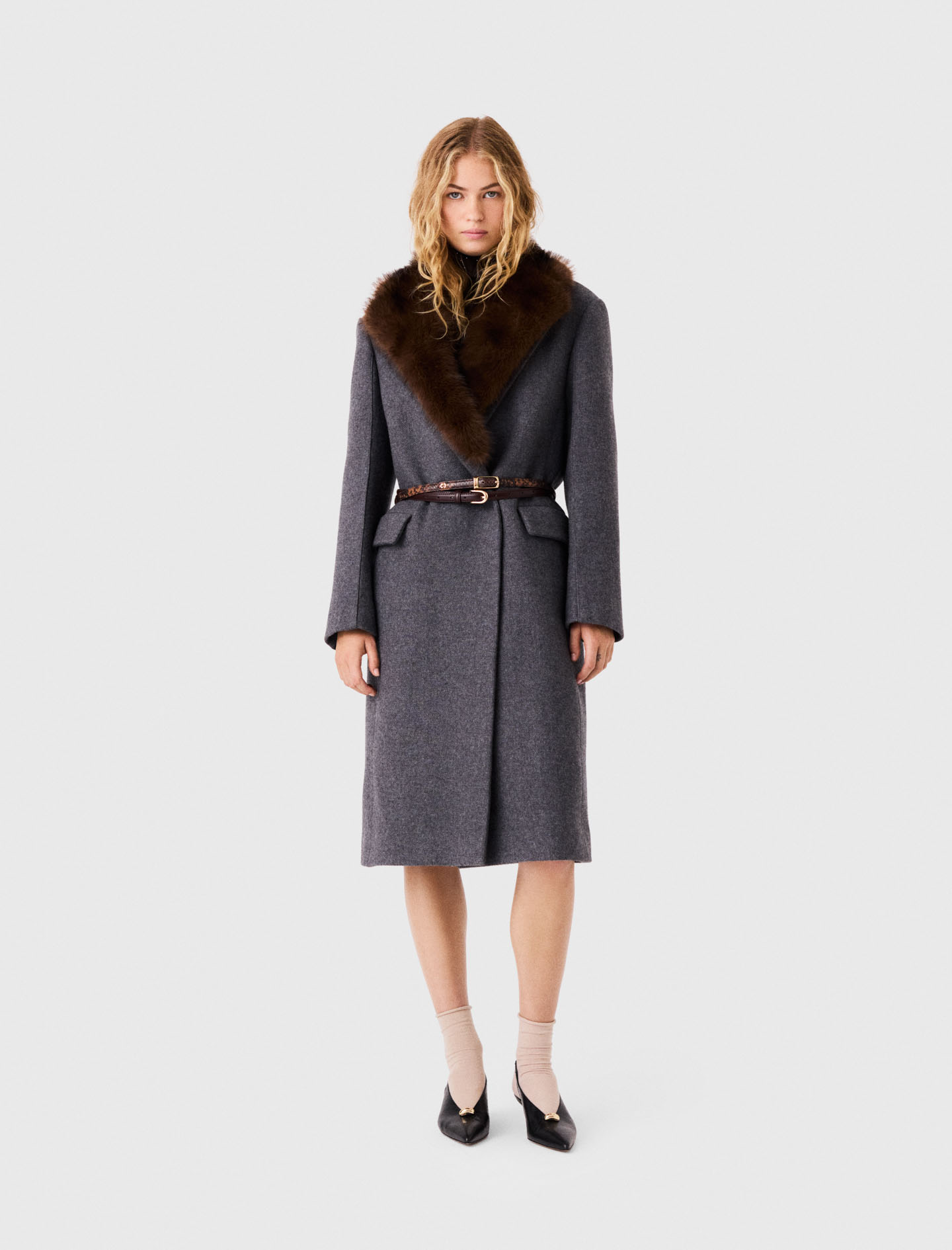 Long Coat With Faux Fur Collar - Grey - Size 10 - Maje
