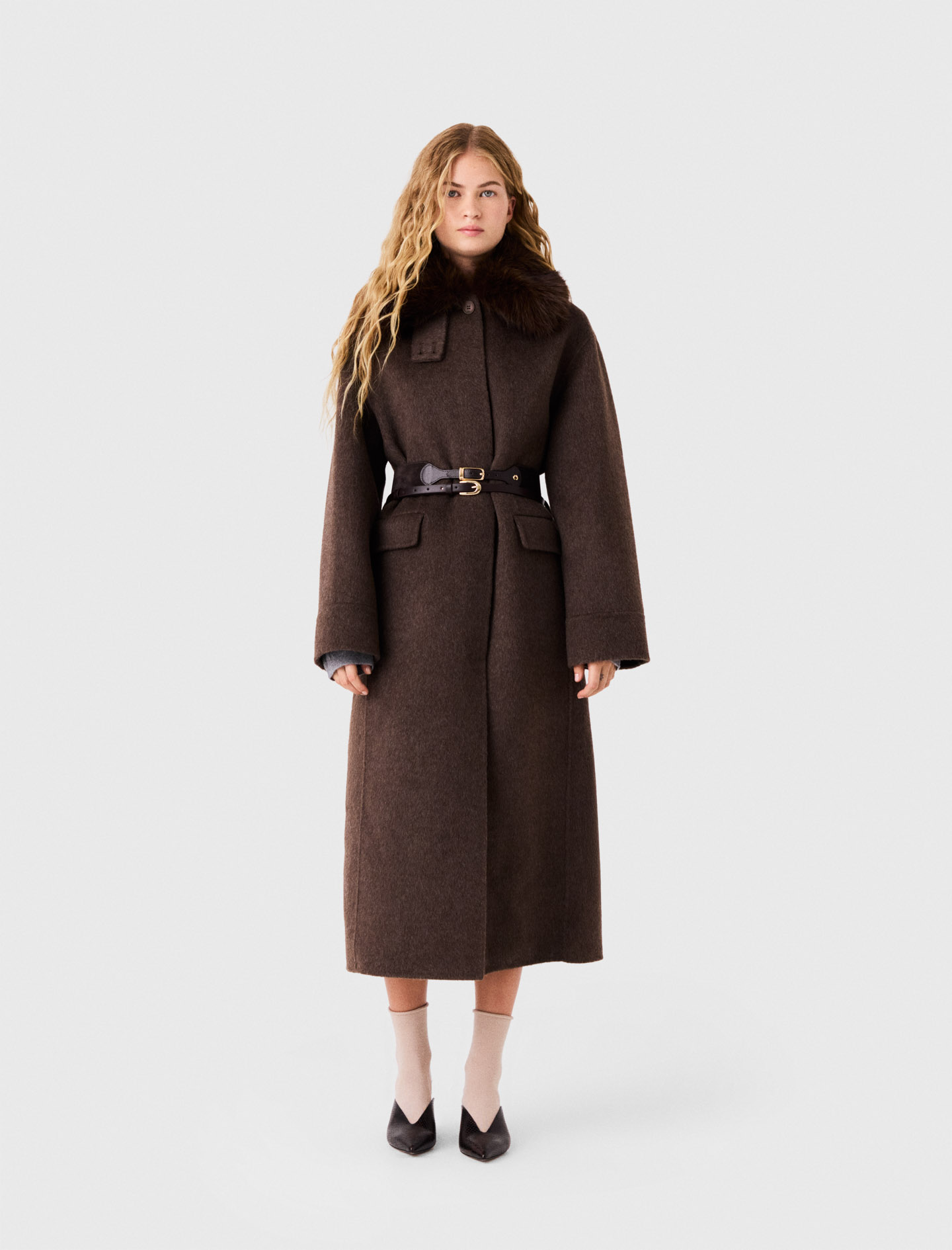 Long Coat With Faux Fur Collar - Dark Brown - Size 6 - Maje