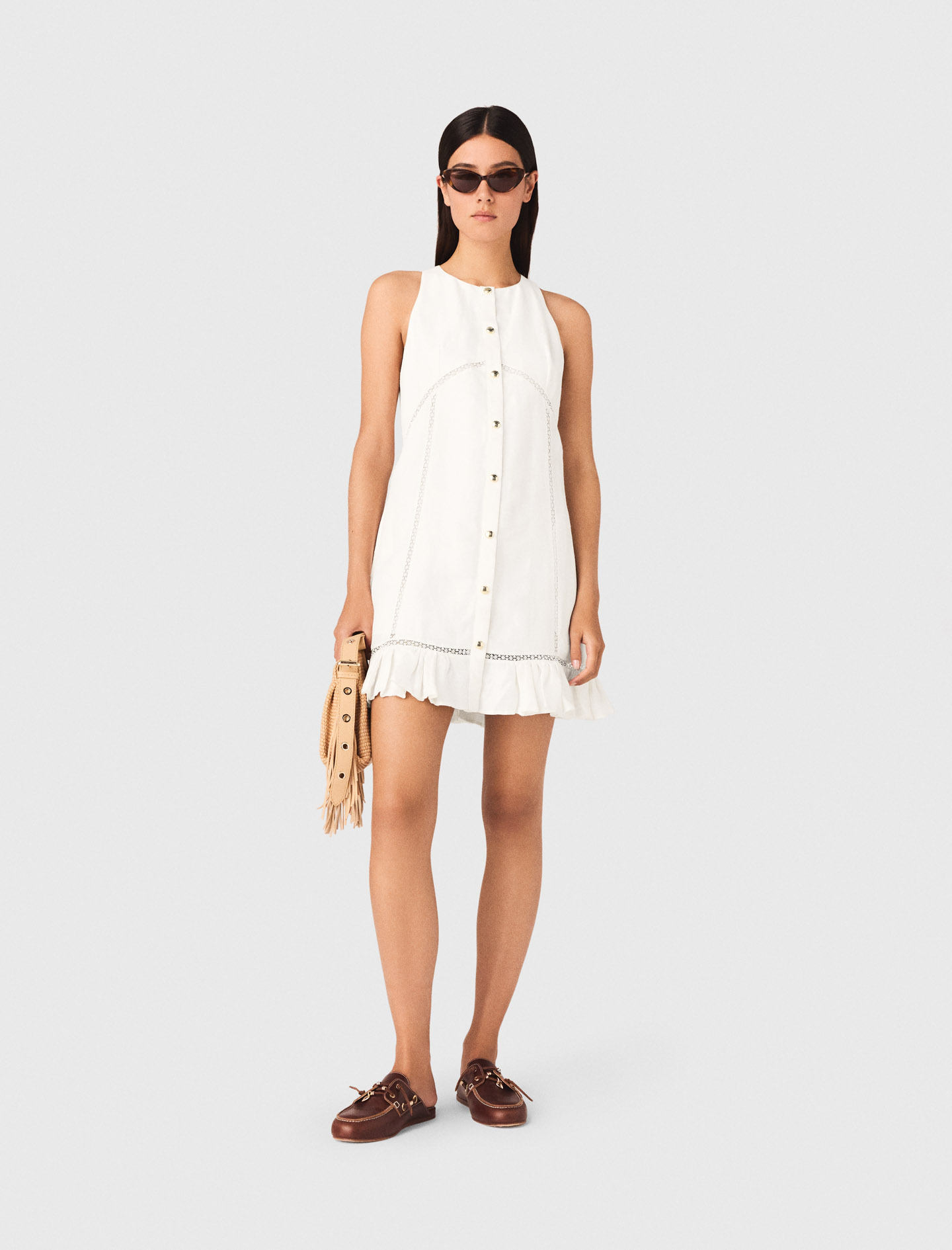 Embroidered Linen-blend Dress - White - Size 14 - Maje