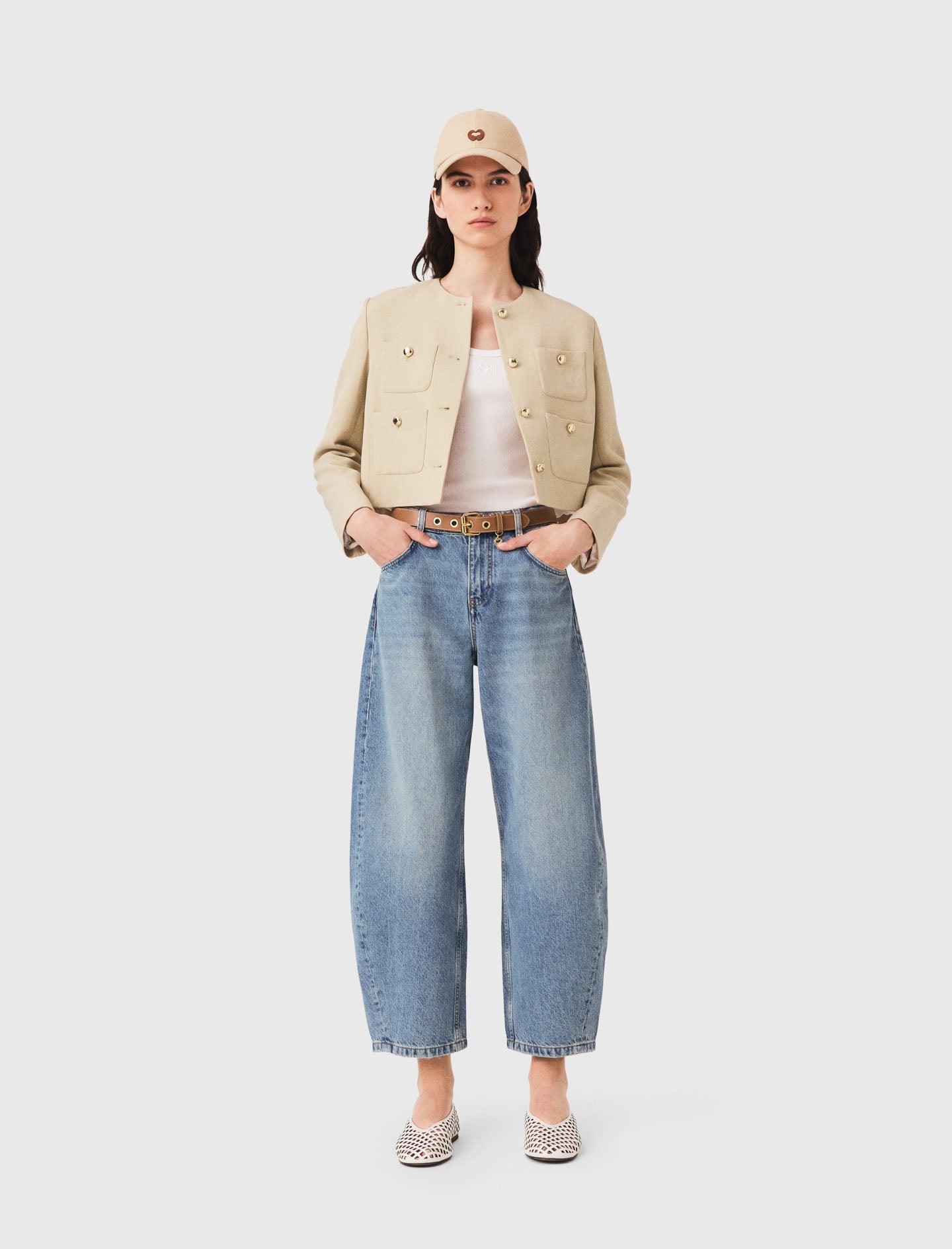 Maje Short Linen Blend Jacket In Nude