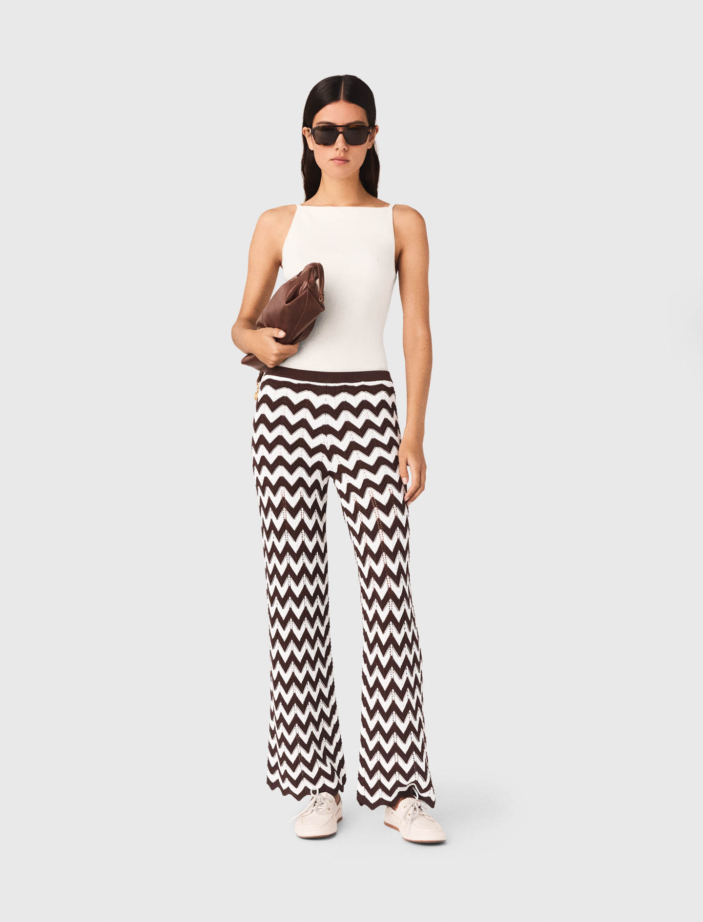 Zigzag Crochet Trousers - Brown/white - Size 14 - Maje