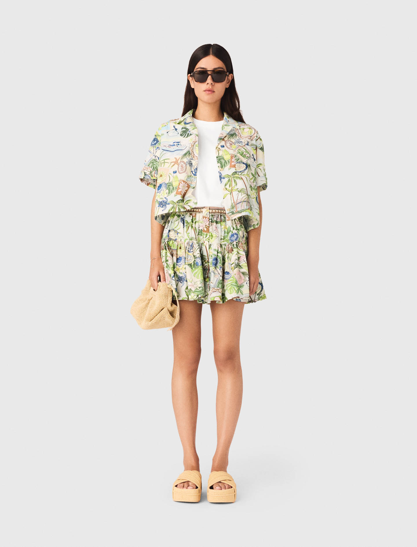 Patterned Cropped Shirt - Postcard Print - Size 10 - Maje