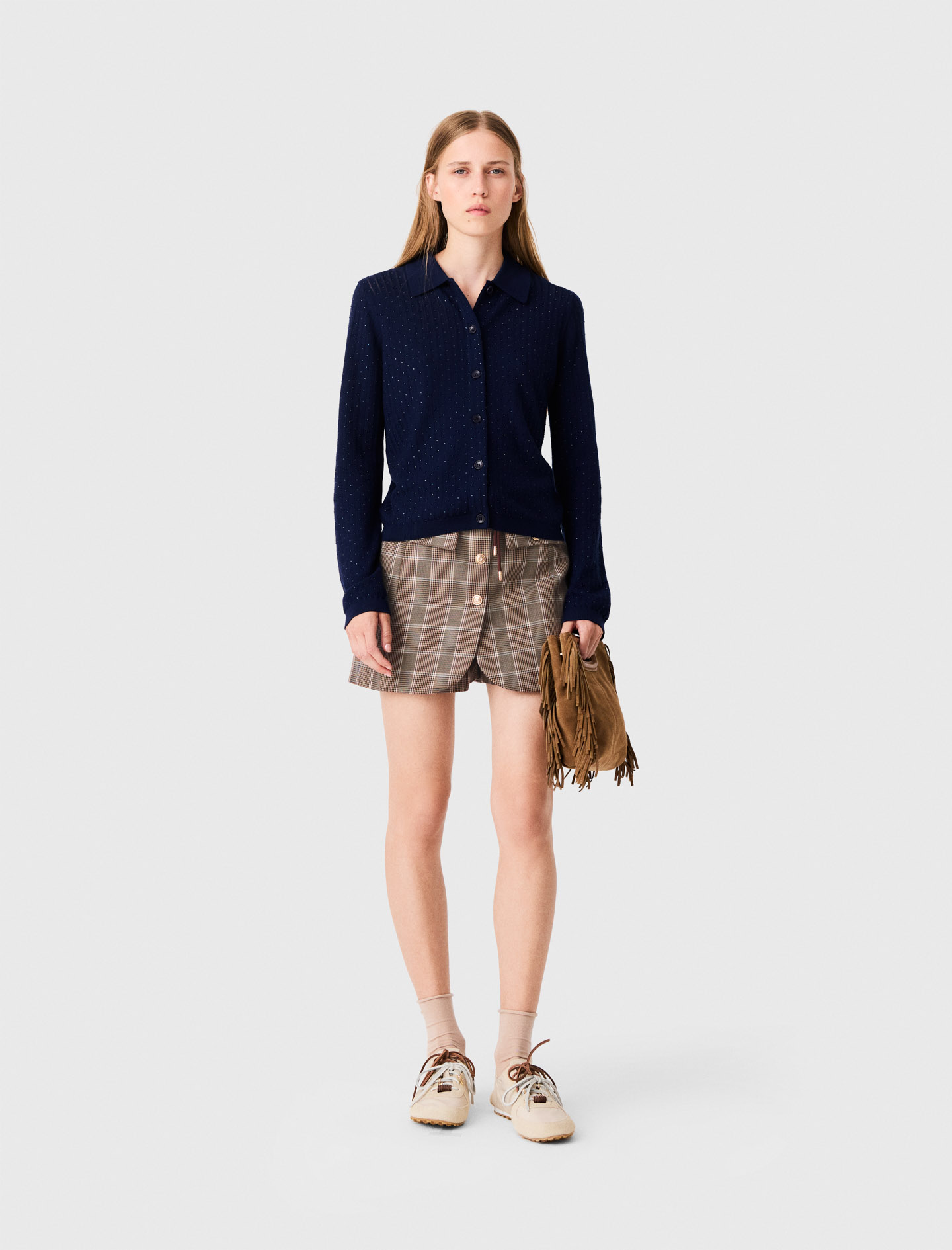Rhinestone Polo Collar Cardigan - Navy - Size 12 - Maje