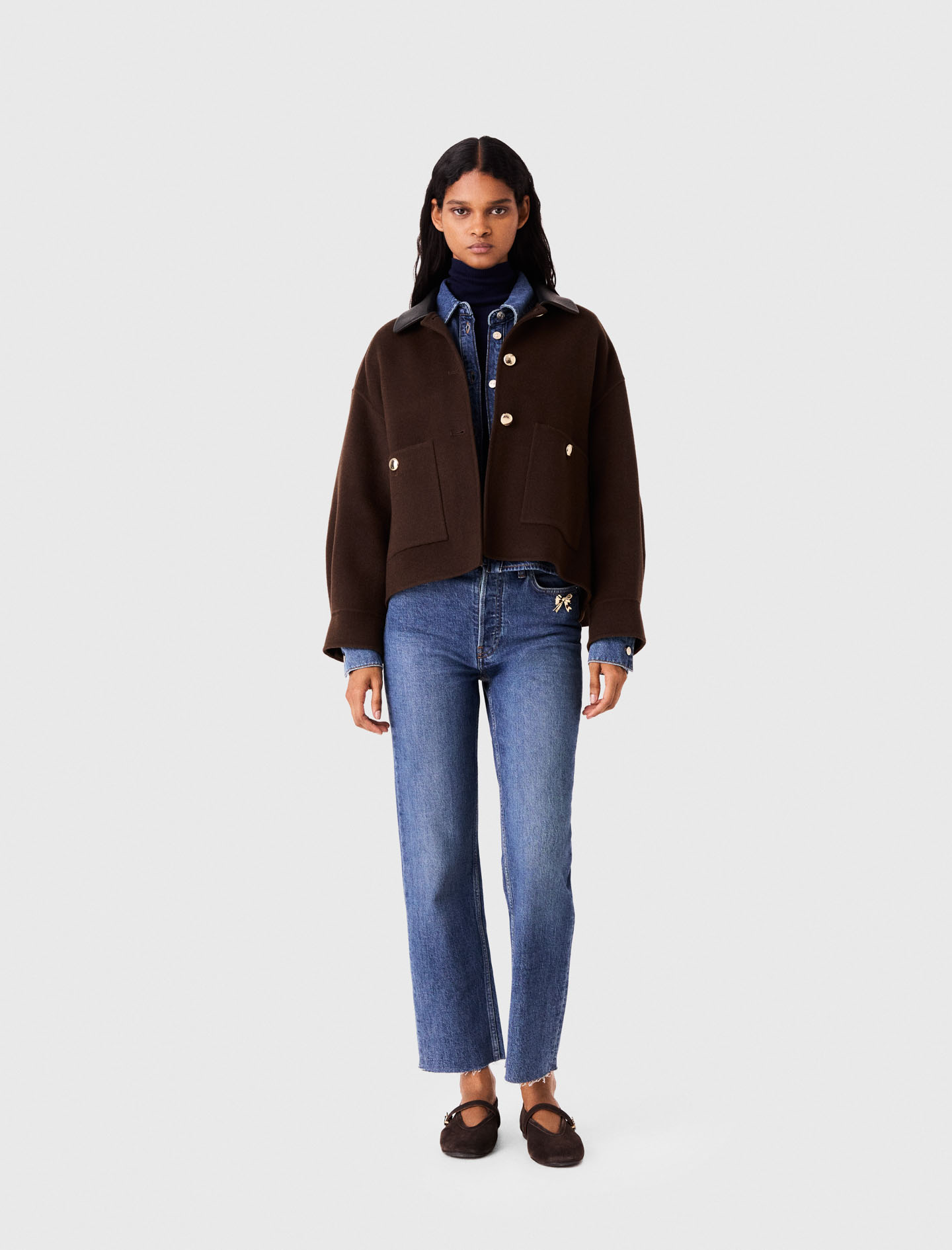 Short Wool Jacket With Pleated Back - Brown - Size 6 - Maje