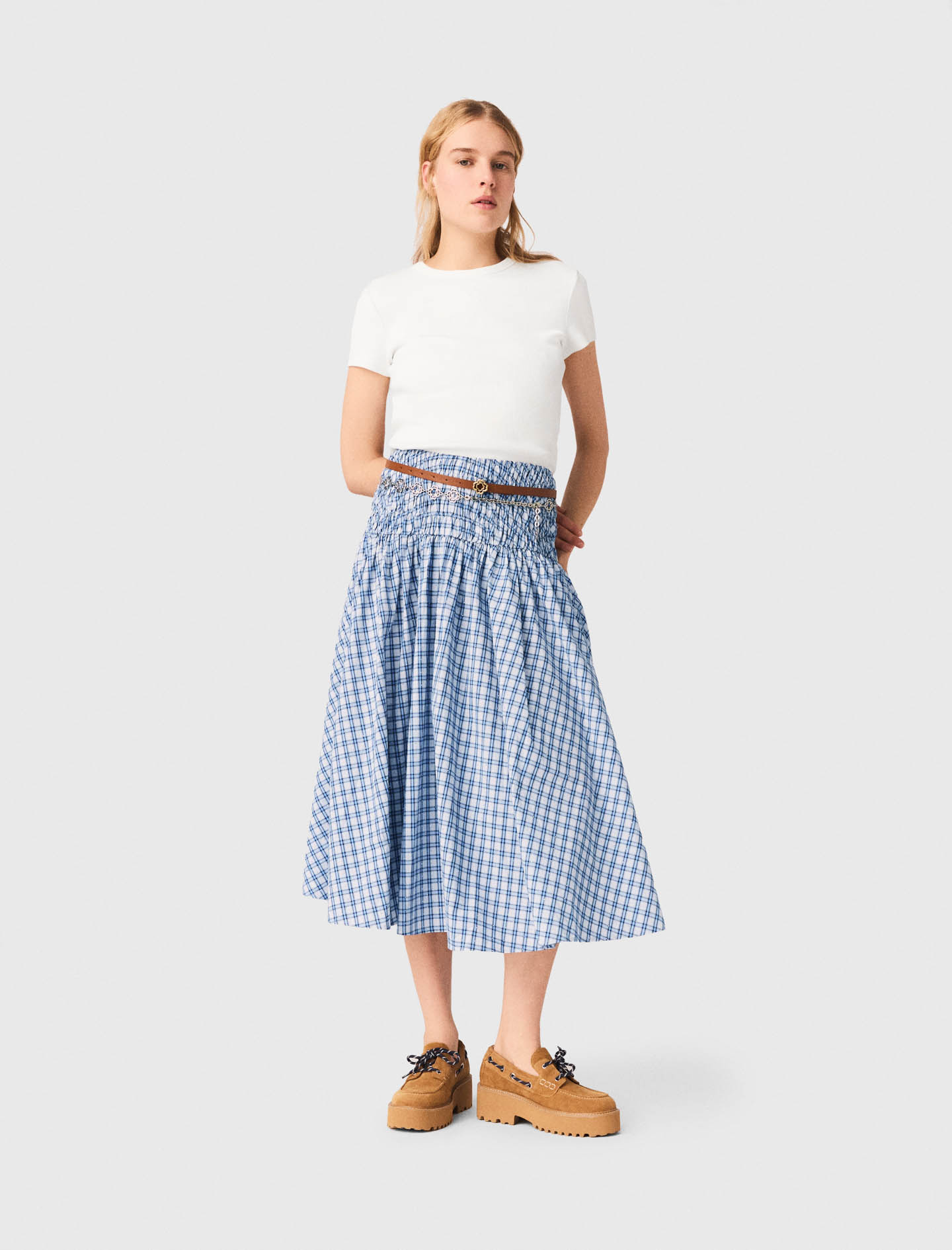 Rhinestone Cotton Maxi Skirt - Blue Check Print - Size 10 - Maje