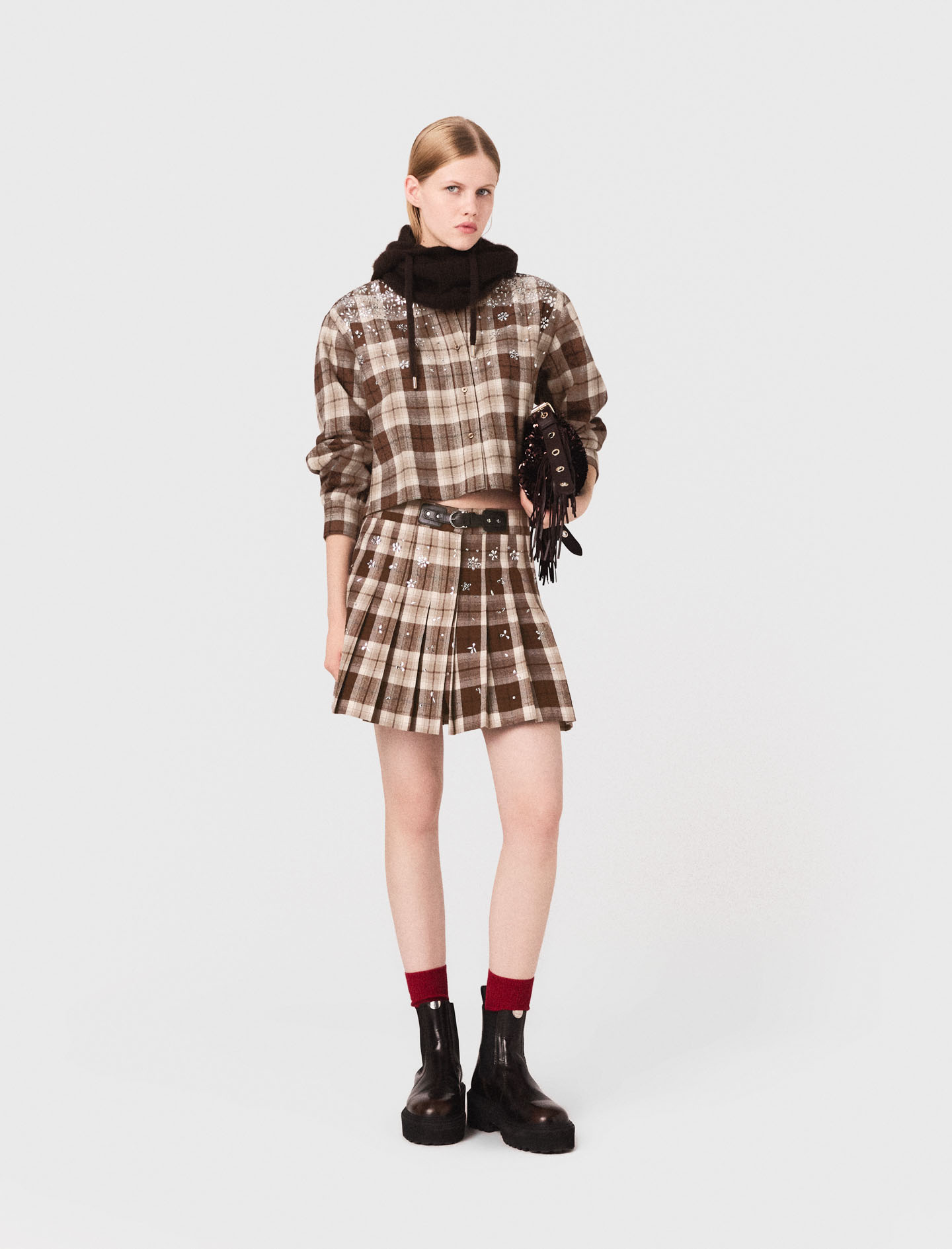 Maje Rhinestone Checked Shirt In Brown