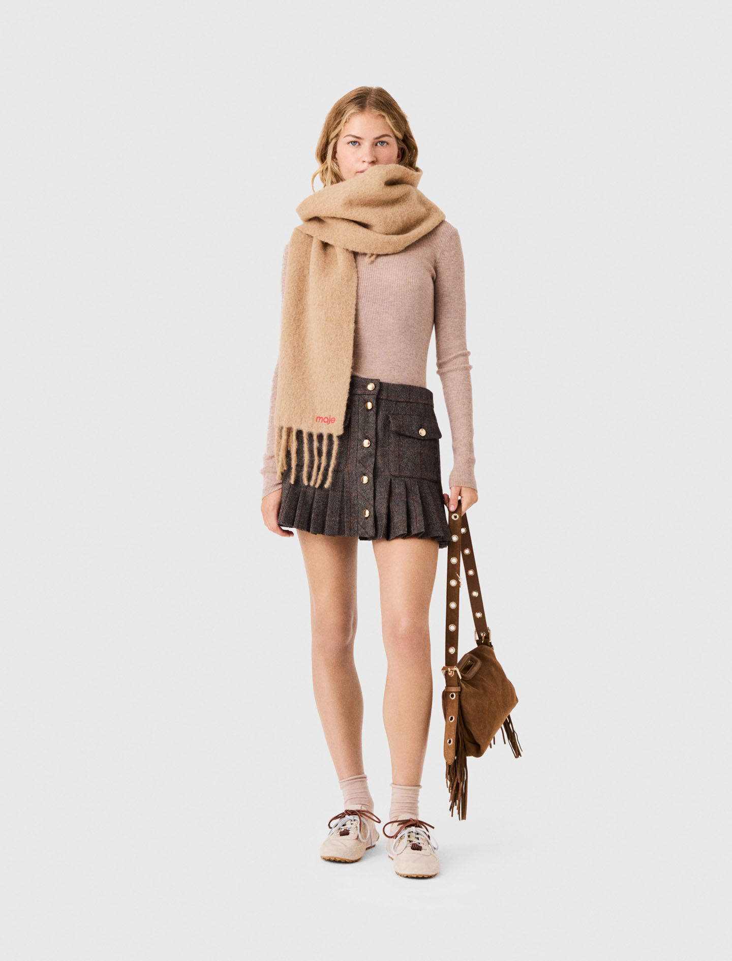 Short Checked Skirt - Brown - Size 8 - Maje