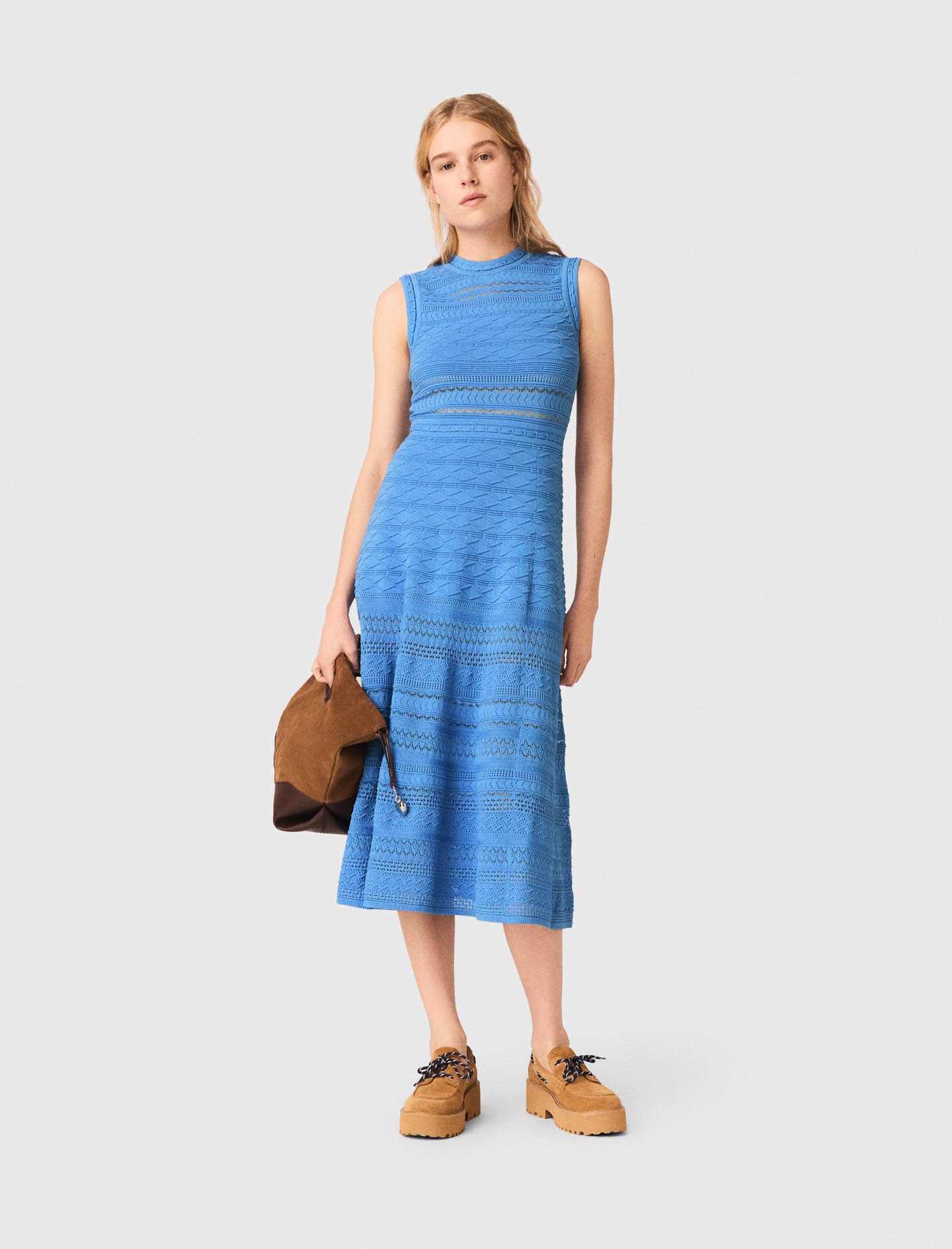 Pointelle Knit Maxi Dress - Blue - Size 10 - Maje