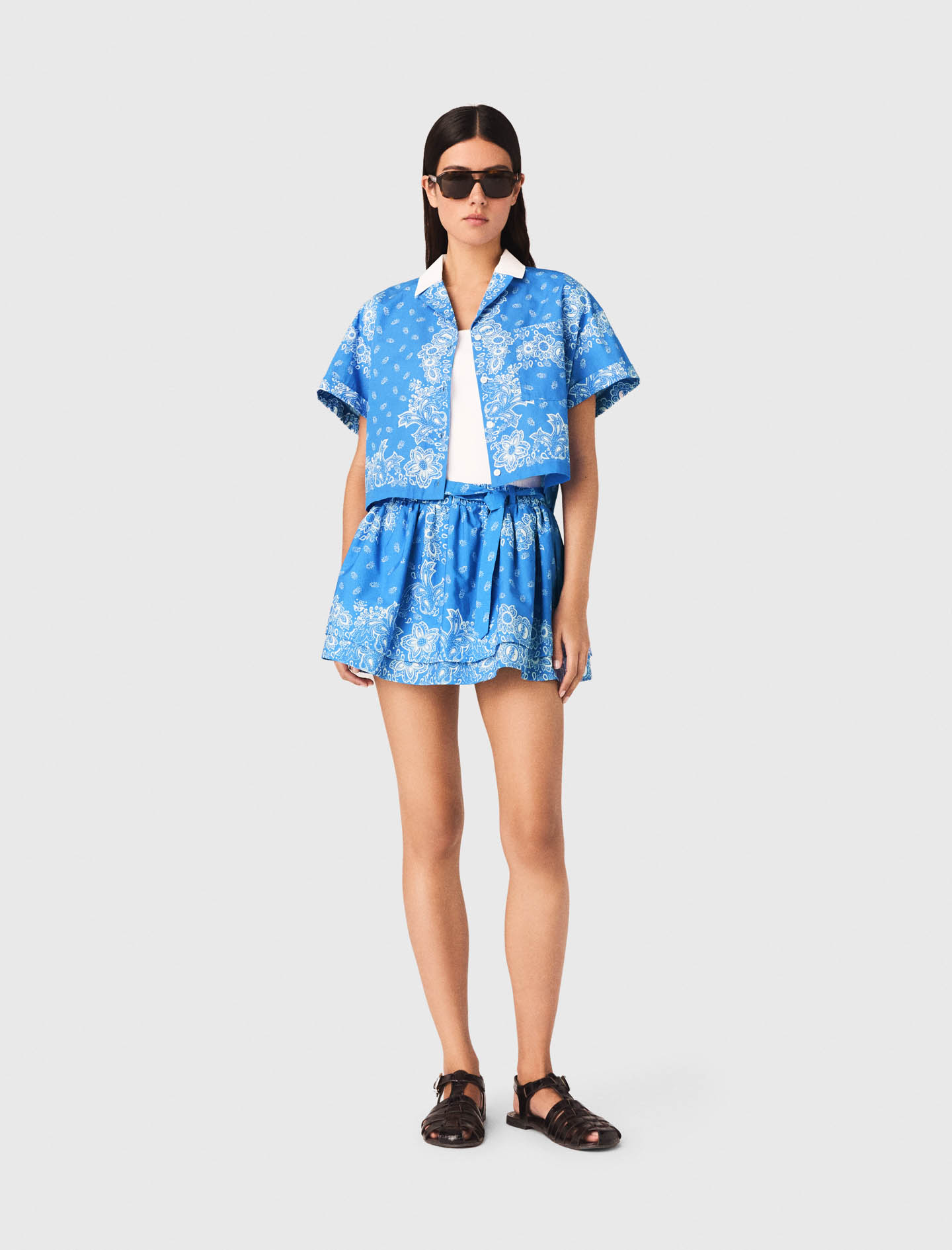 Contrast Collar Printed Shirt - Sky Blue Bandana Print - Size 12 - Maje